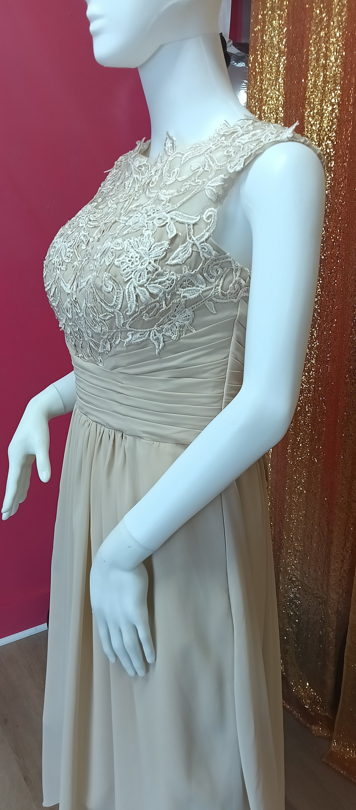 Tea length champagne lace bridesmaid dress