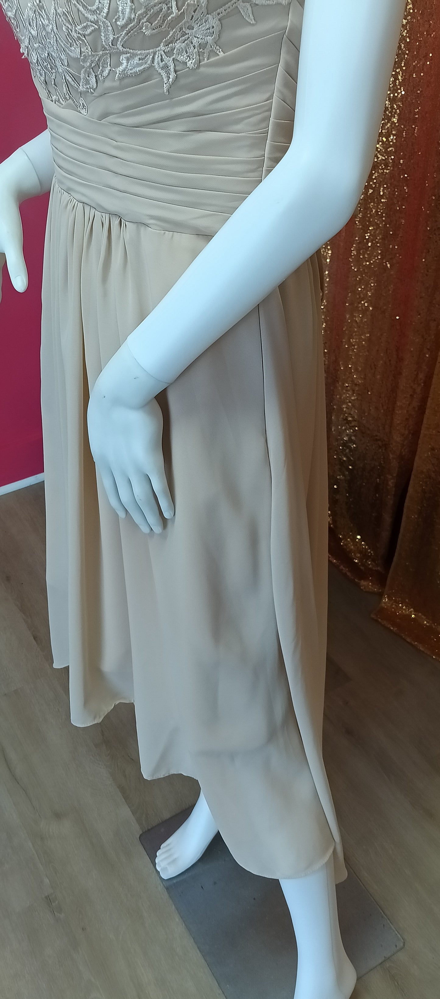 Tea length champagne lace bridesmaid dress