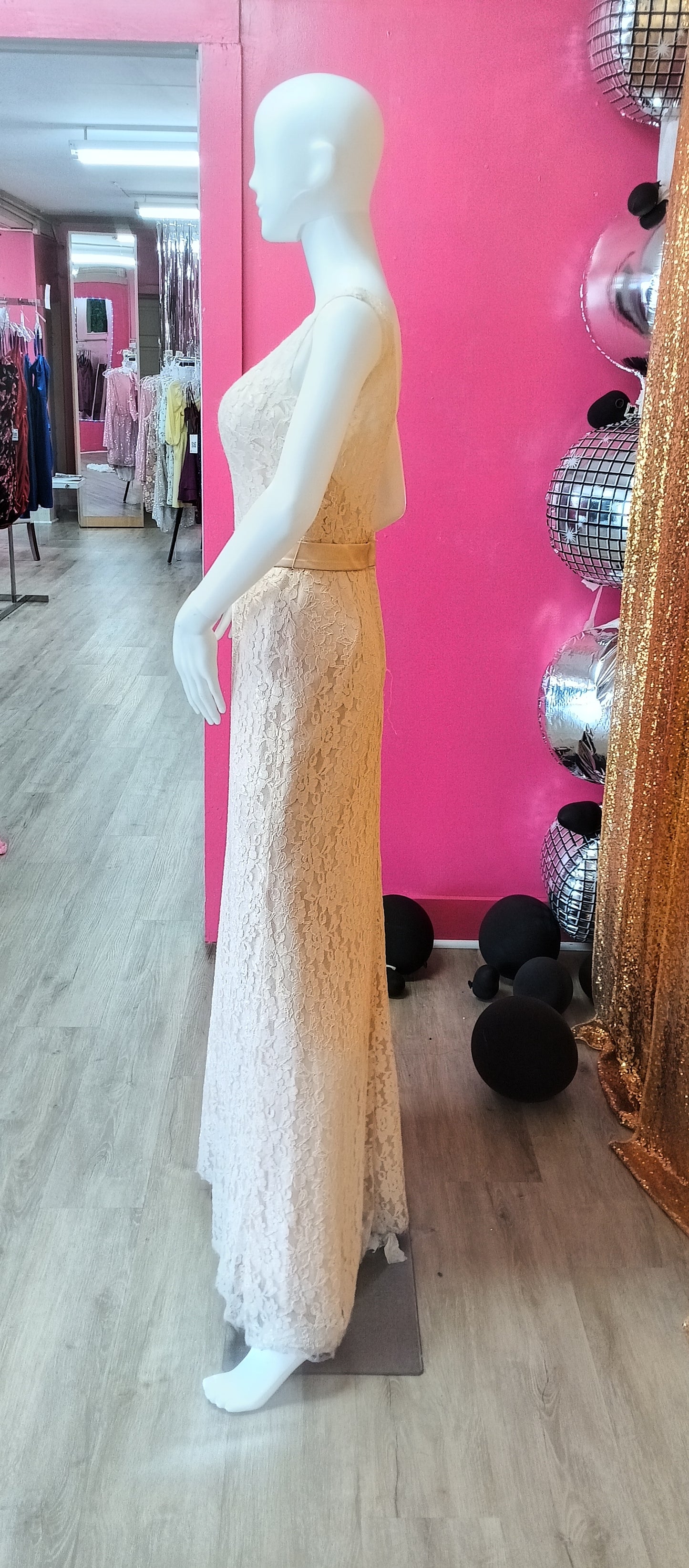 Pretty maids blush lace formal dress