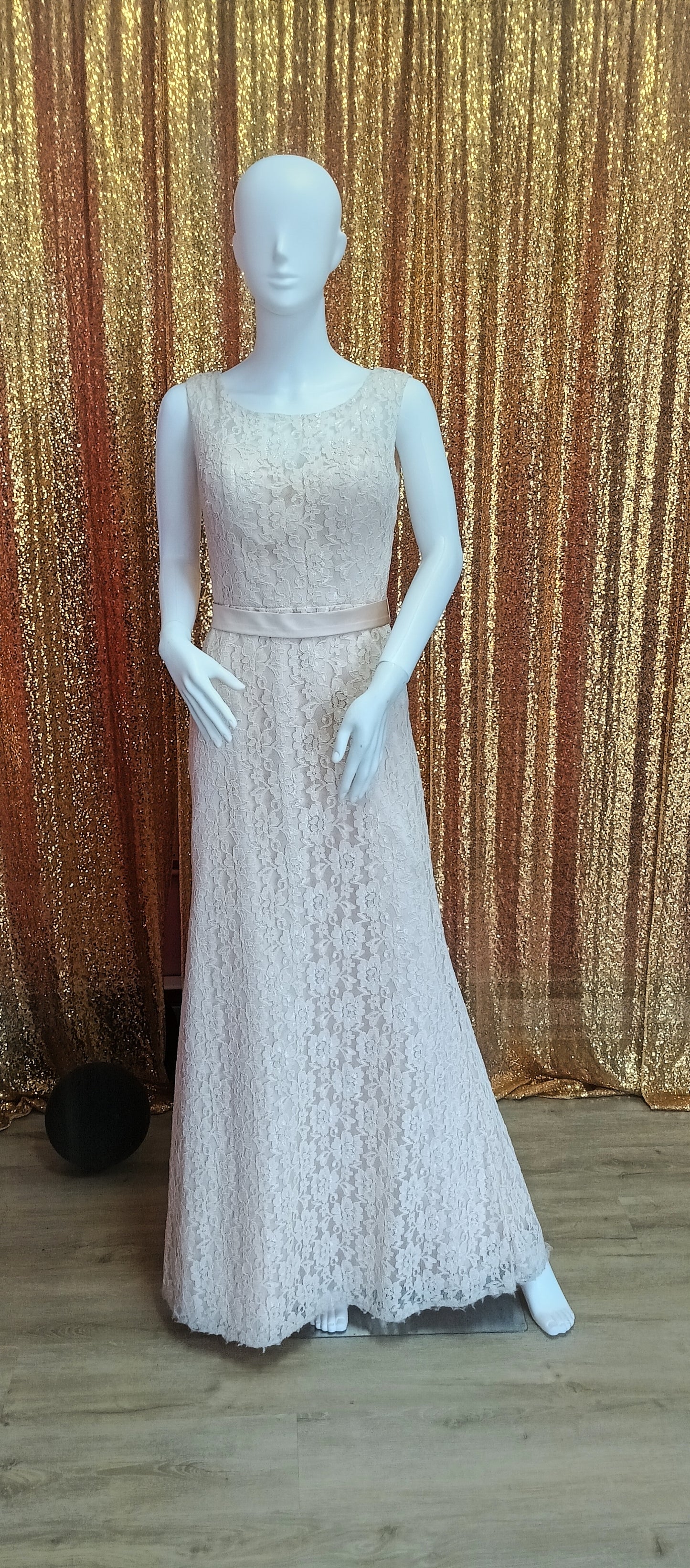 Pretty maids blush lace formal dress