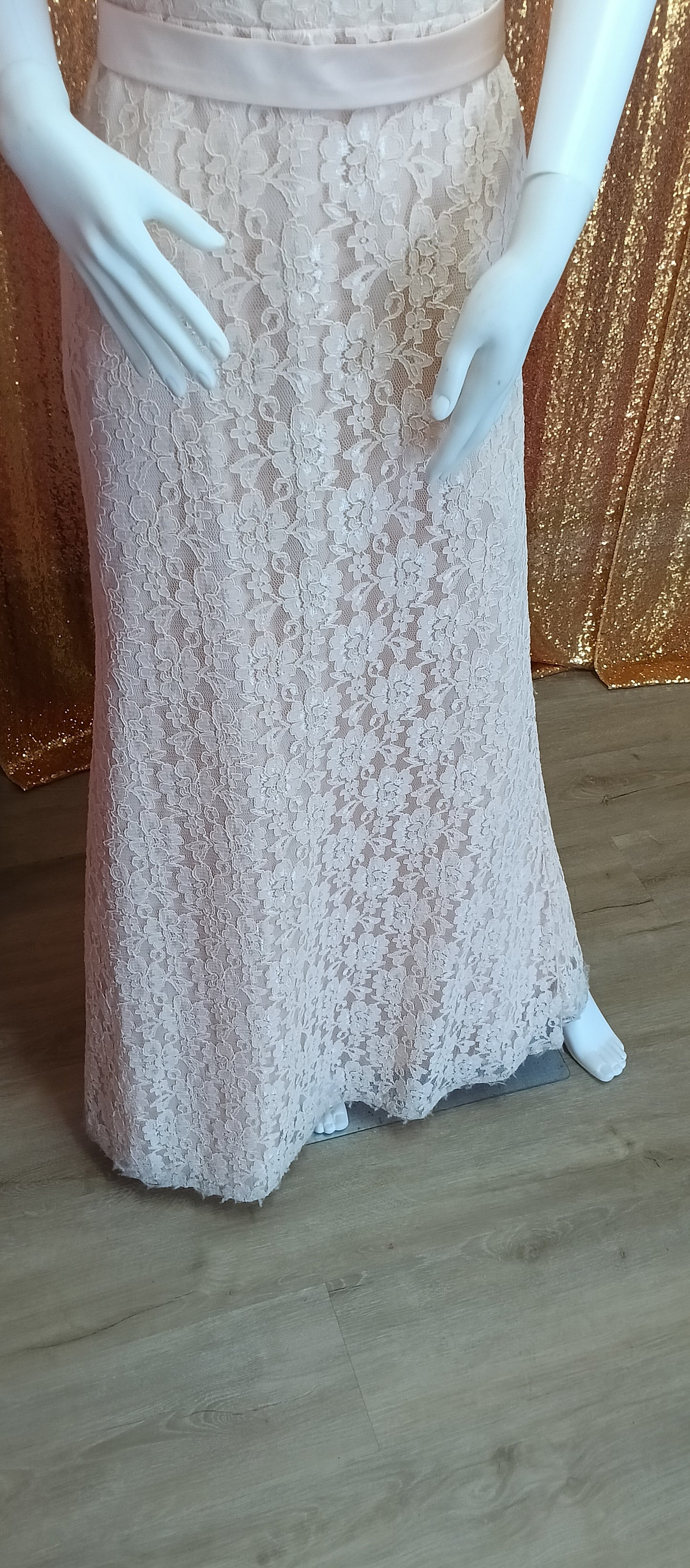 Pretty maids blush lace formal dress