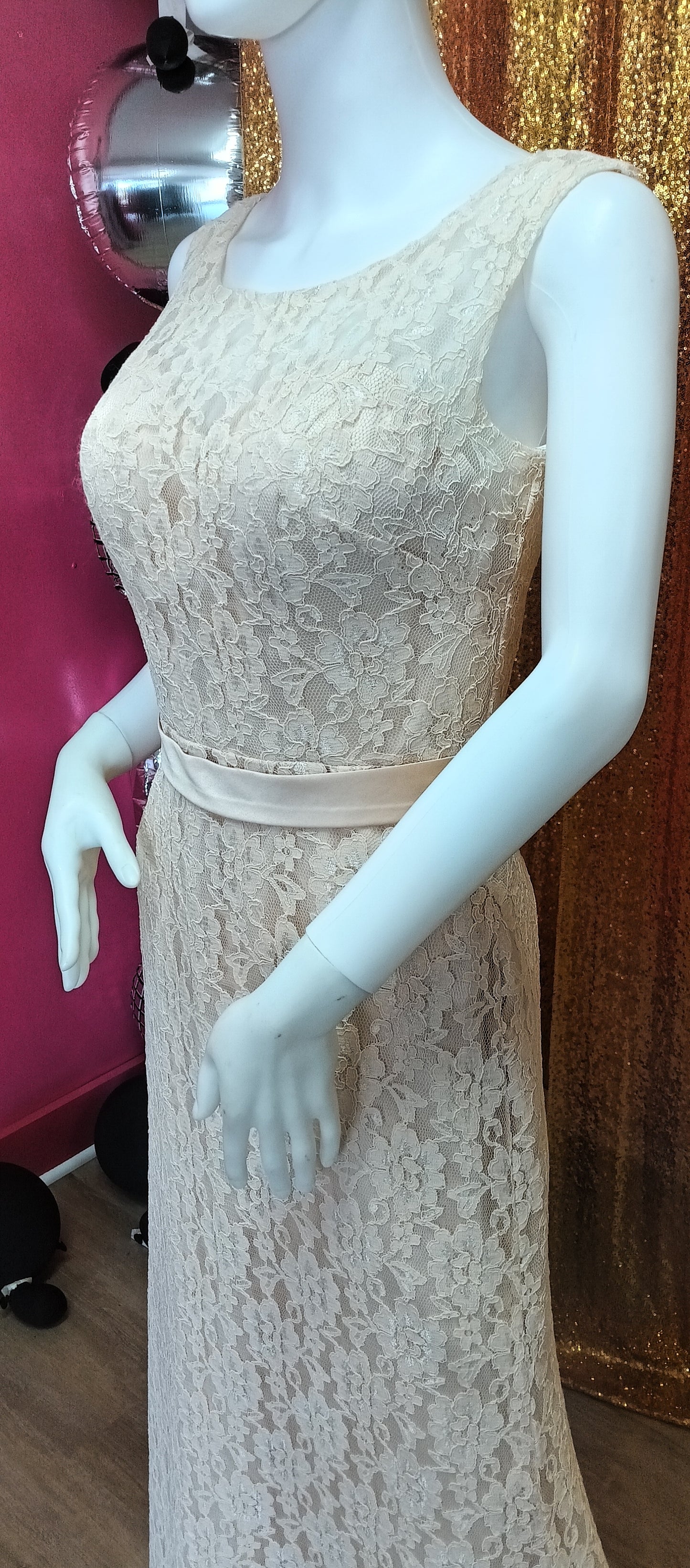 Pretty maids blush lace formal dress