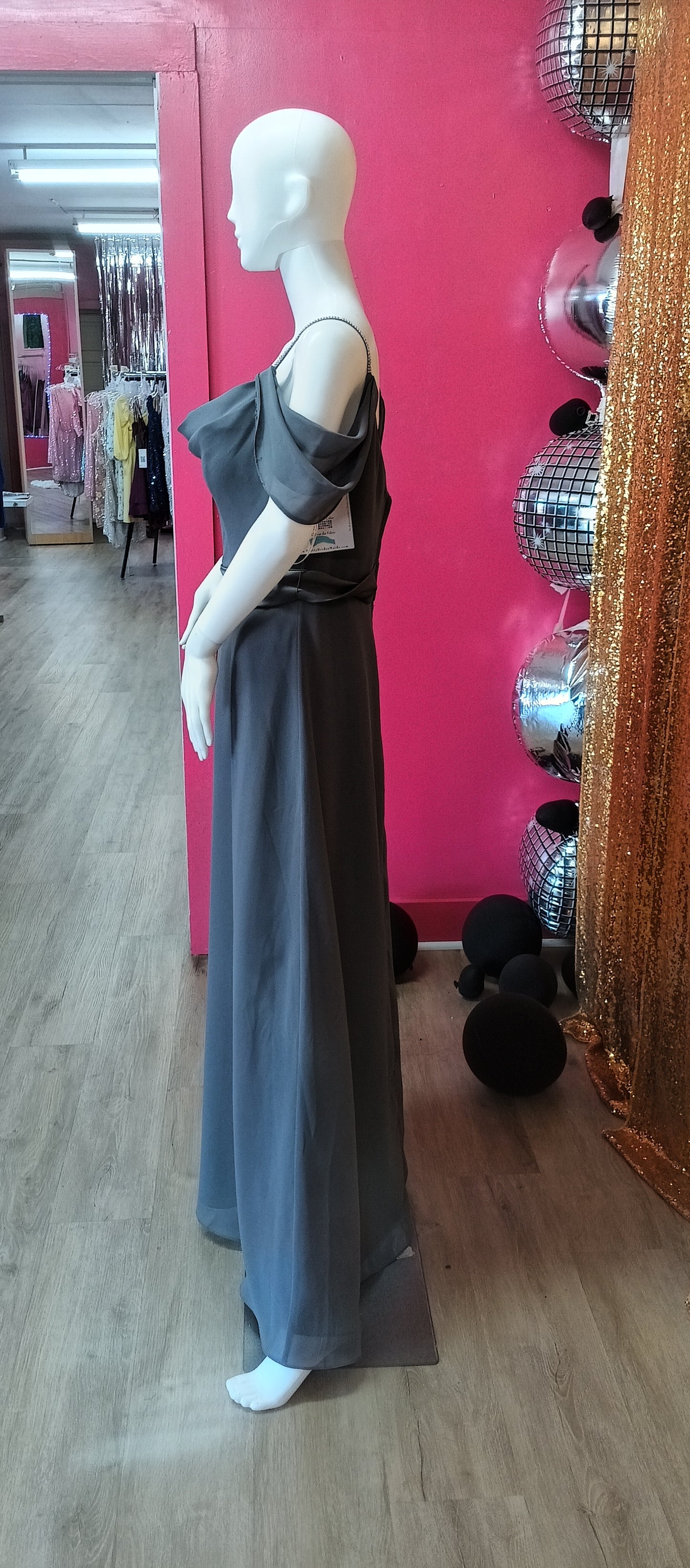 Charcoal off shoulder satin band bridesmaid dress