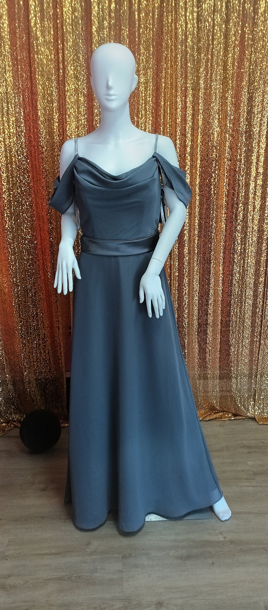 Charcoal off shoulder satin band bridesmaid dress