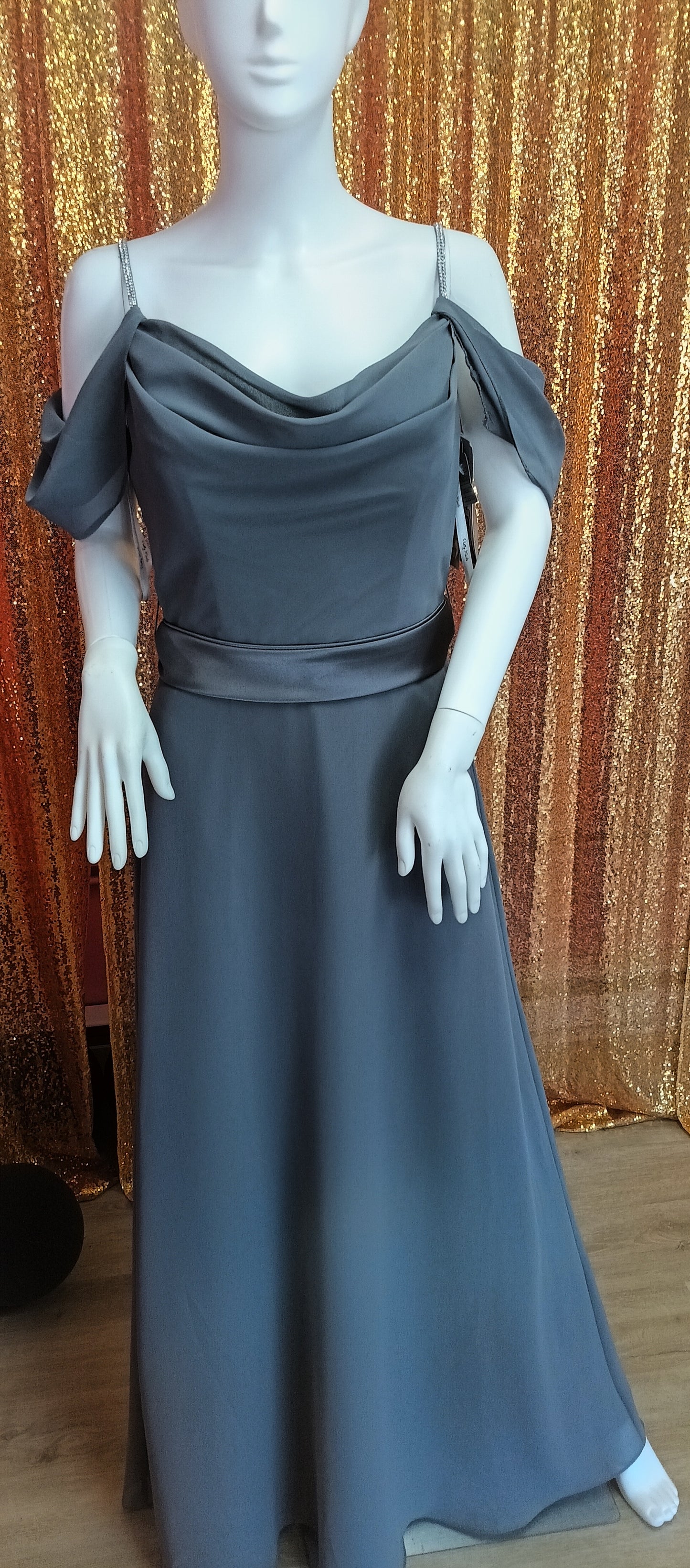 Charcoal off shoulder satin band bridesmaid dress