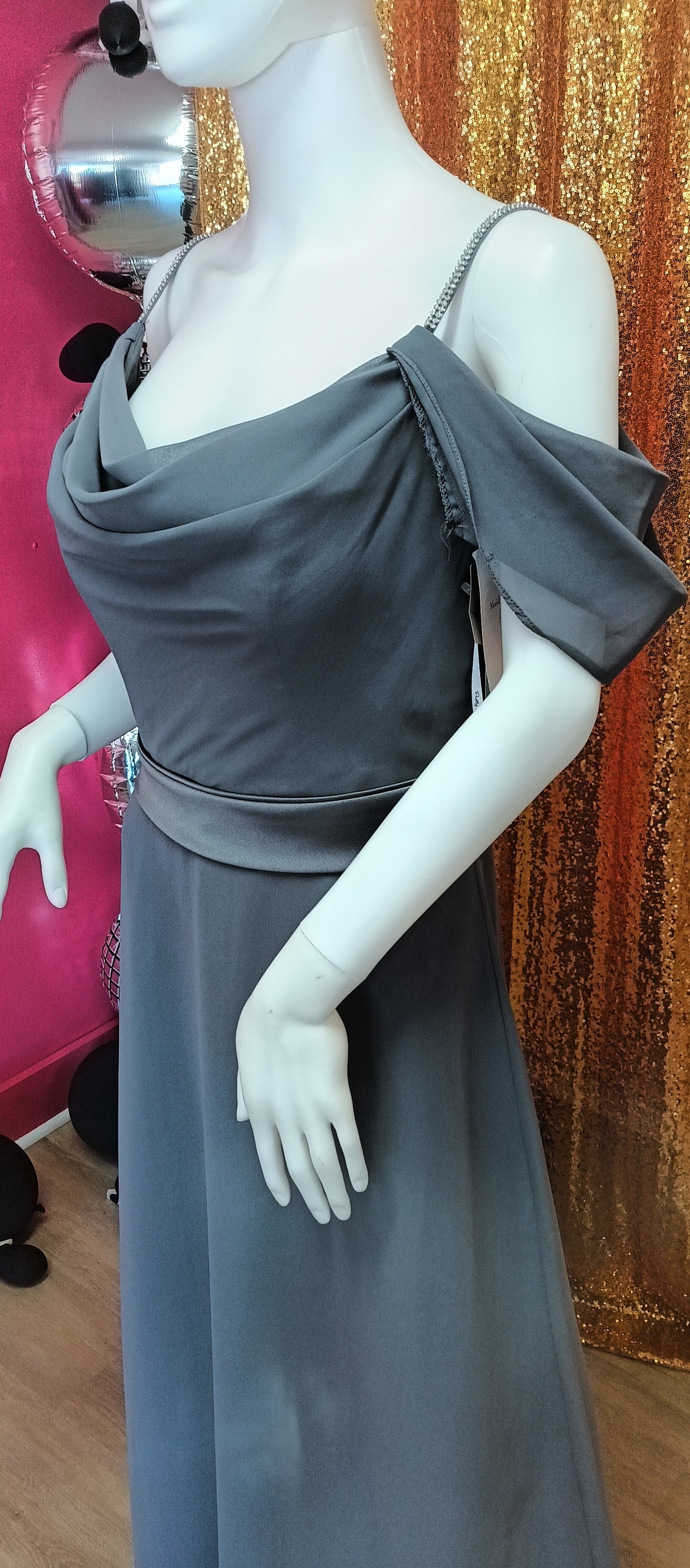 Charcoal off shoulder satin band bridesmaid dress