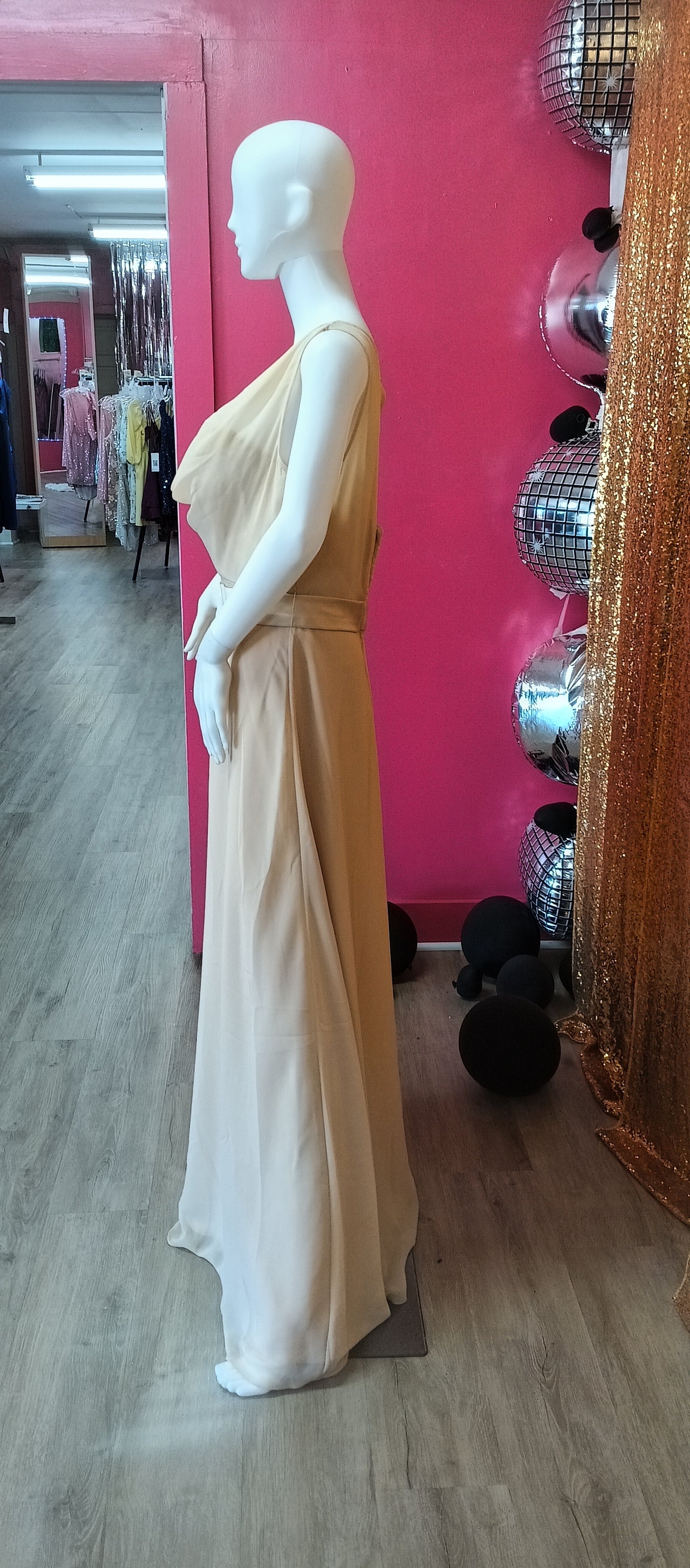 Pretty Maids Chiffon full length champagne bridesmaid dress