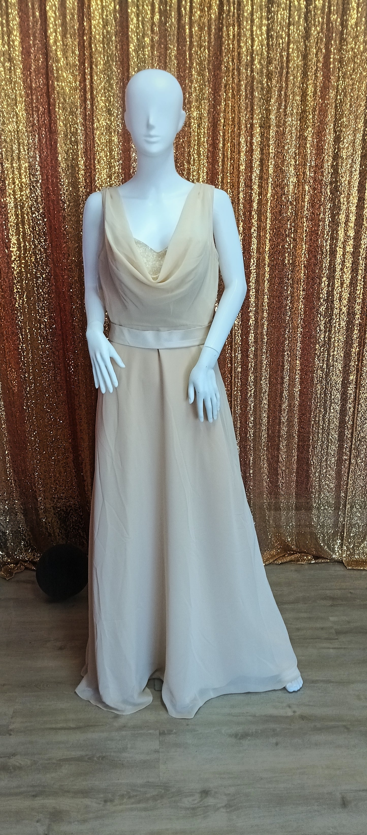 Pretty Maids Chiffon full length champagne bridesmaid dress