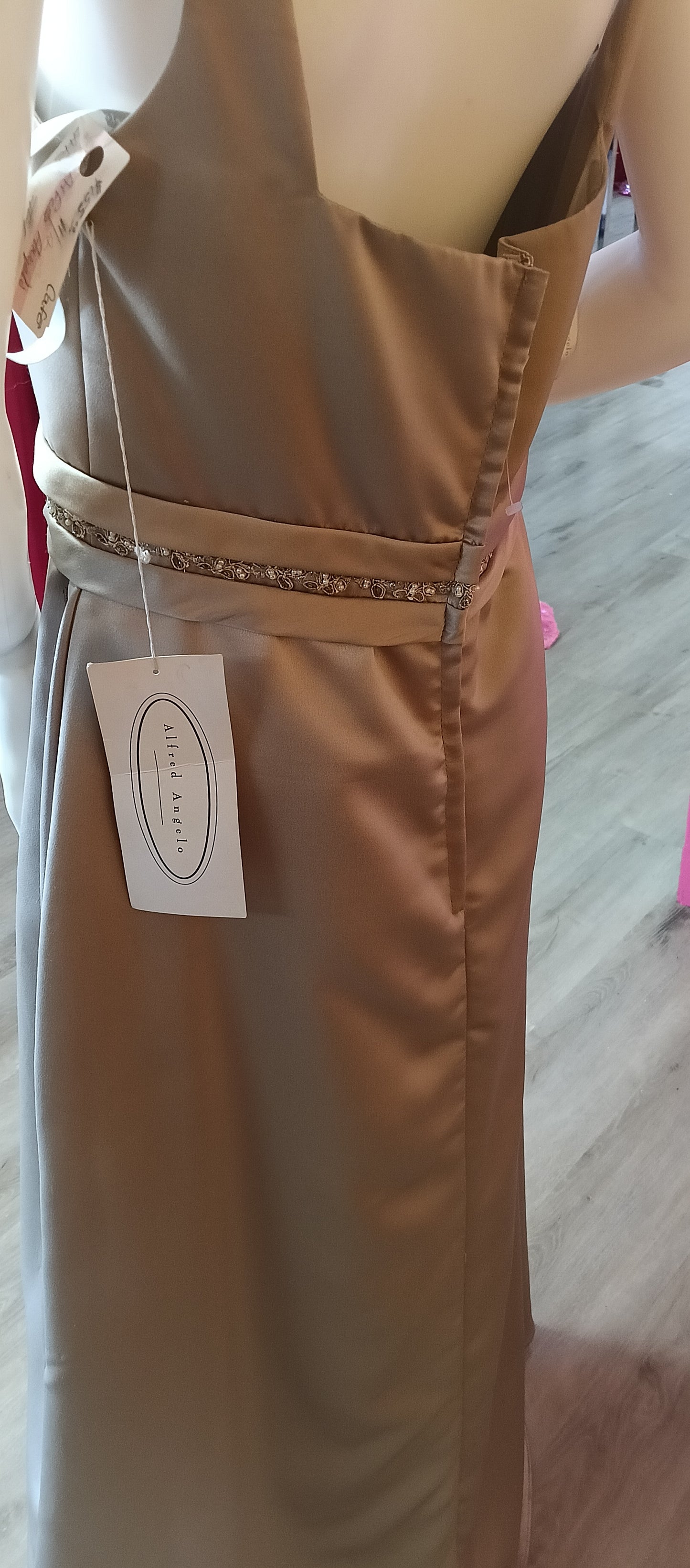 Alfred Angelo taupe satin formal dress