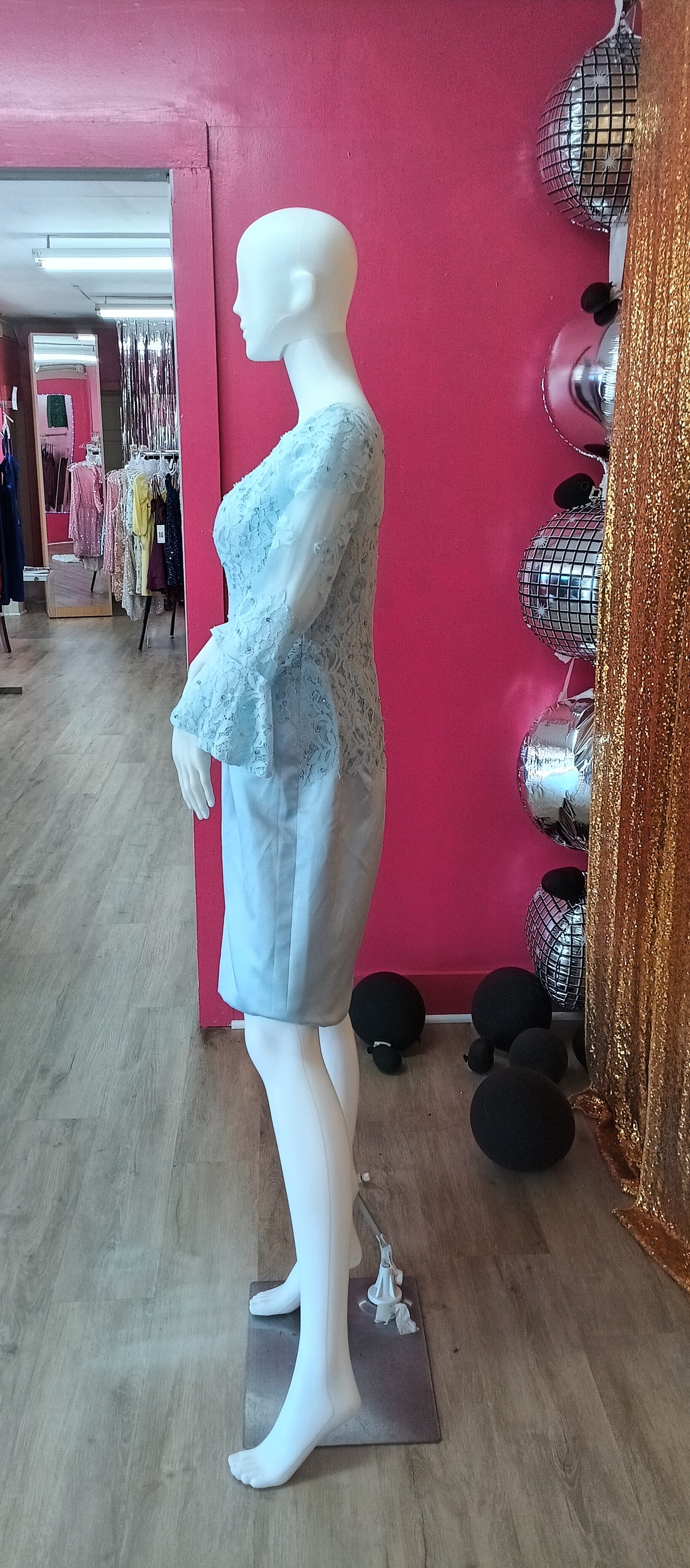 Baby blue long sleeve lace formal dress