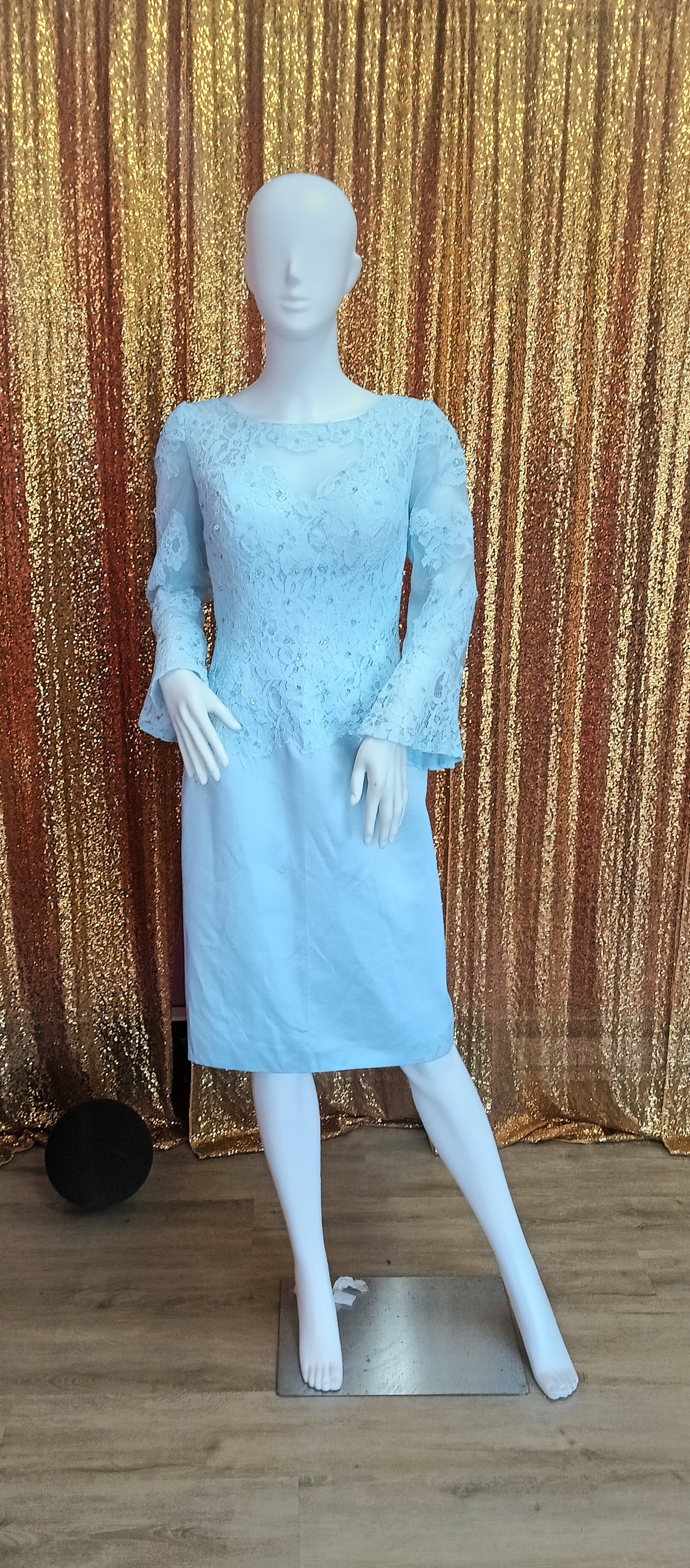 Baby blue long sleeve lace formal dress