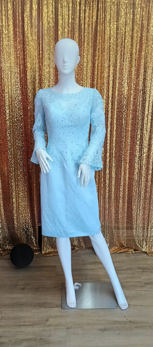 Baby blue long sleeve lace formal dress