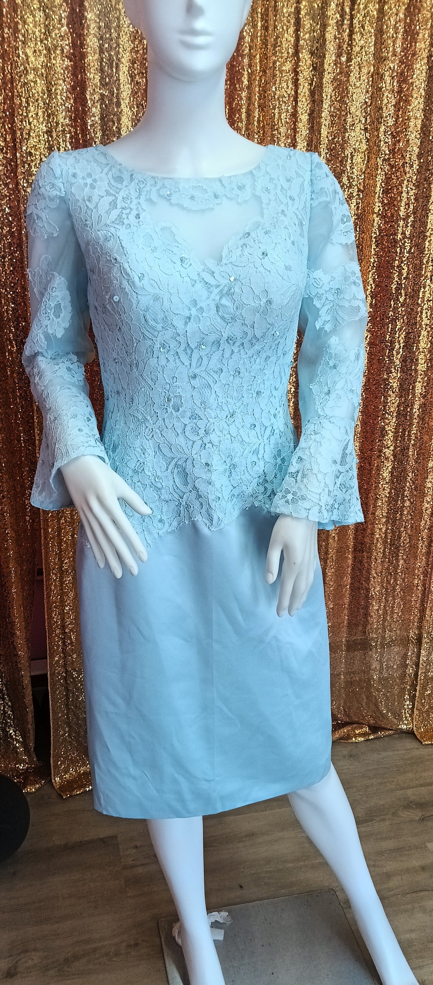 Baby blue long sleeve lace formal dress
