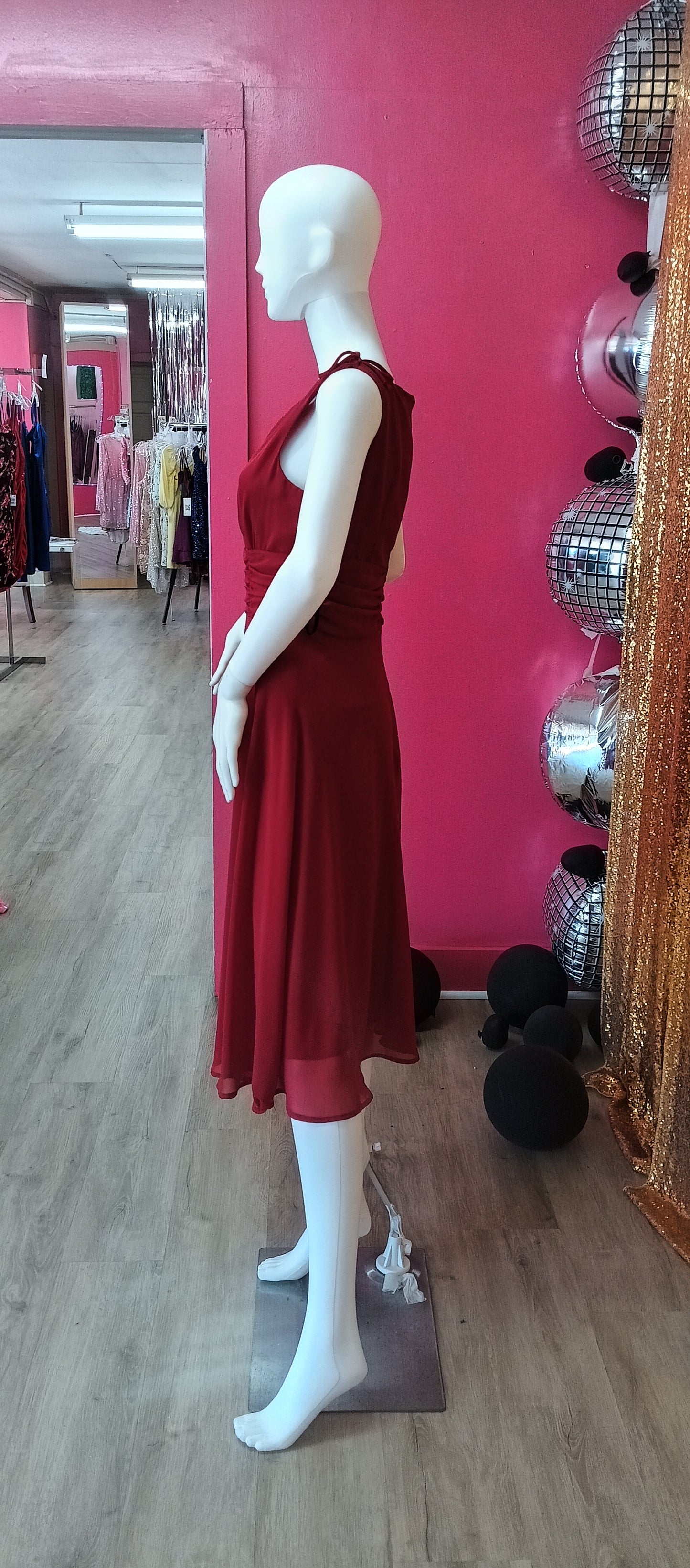 Red fit and flare chiffon formal dress