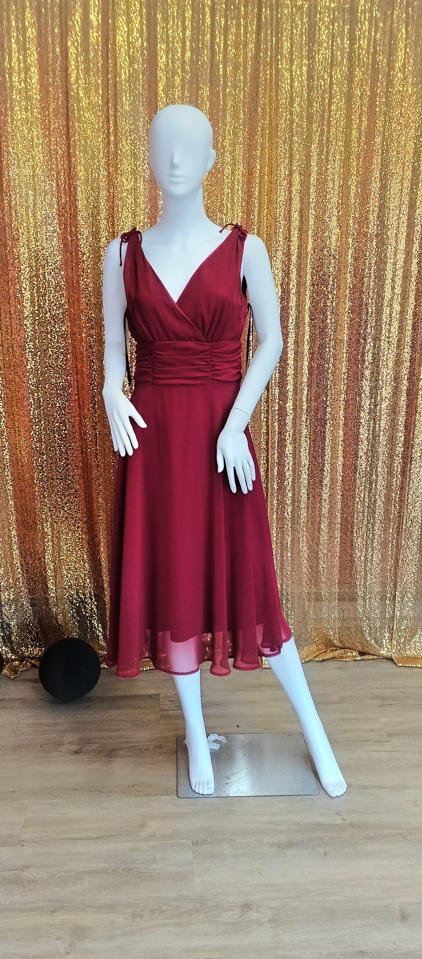 Red fit and flare chiffon formal dress