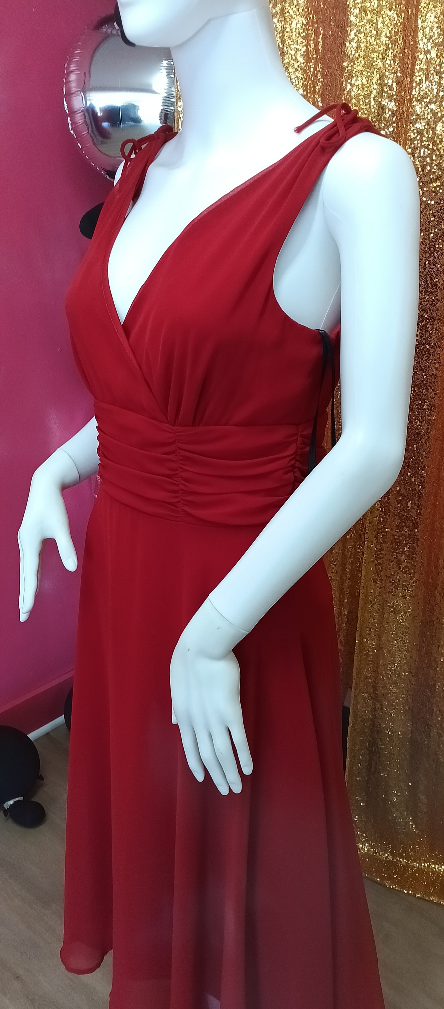 Red fit and flare chiffon formal dress