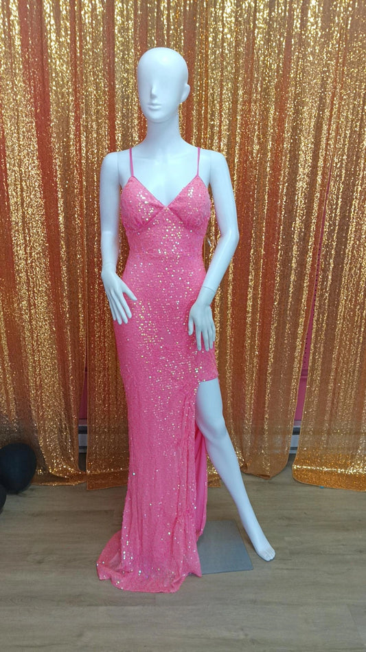 Barbie pink sequin prom dress with slit