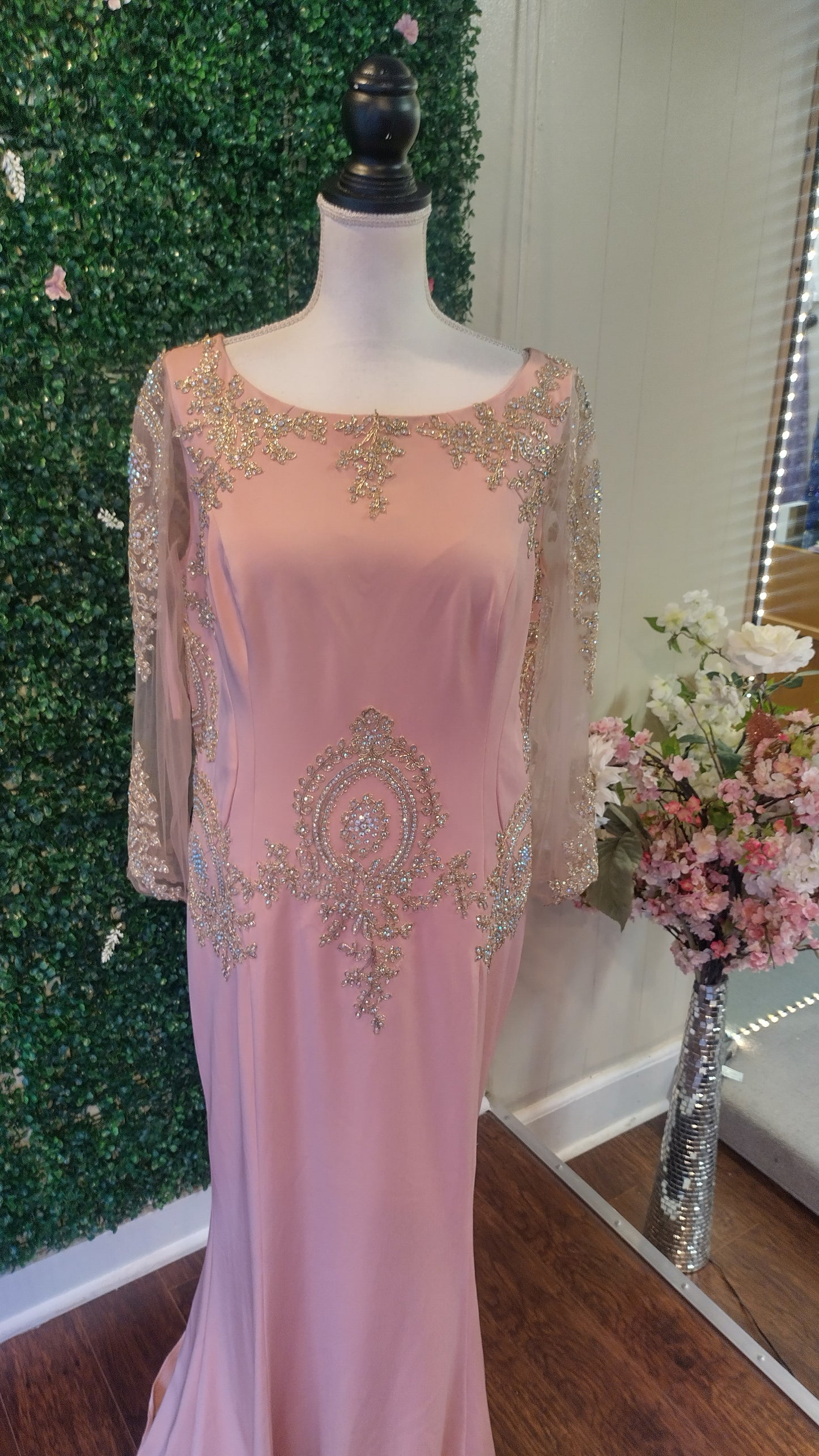 Romance couture blush pink long sleeve formal dress