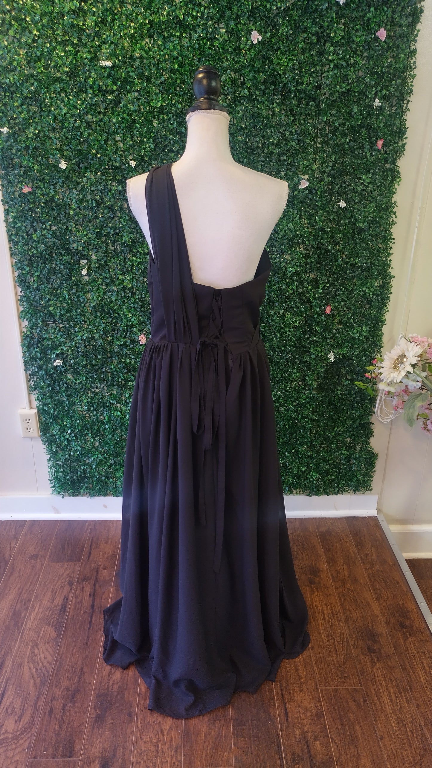 One shoulder black formal dress with corset