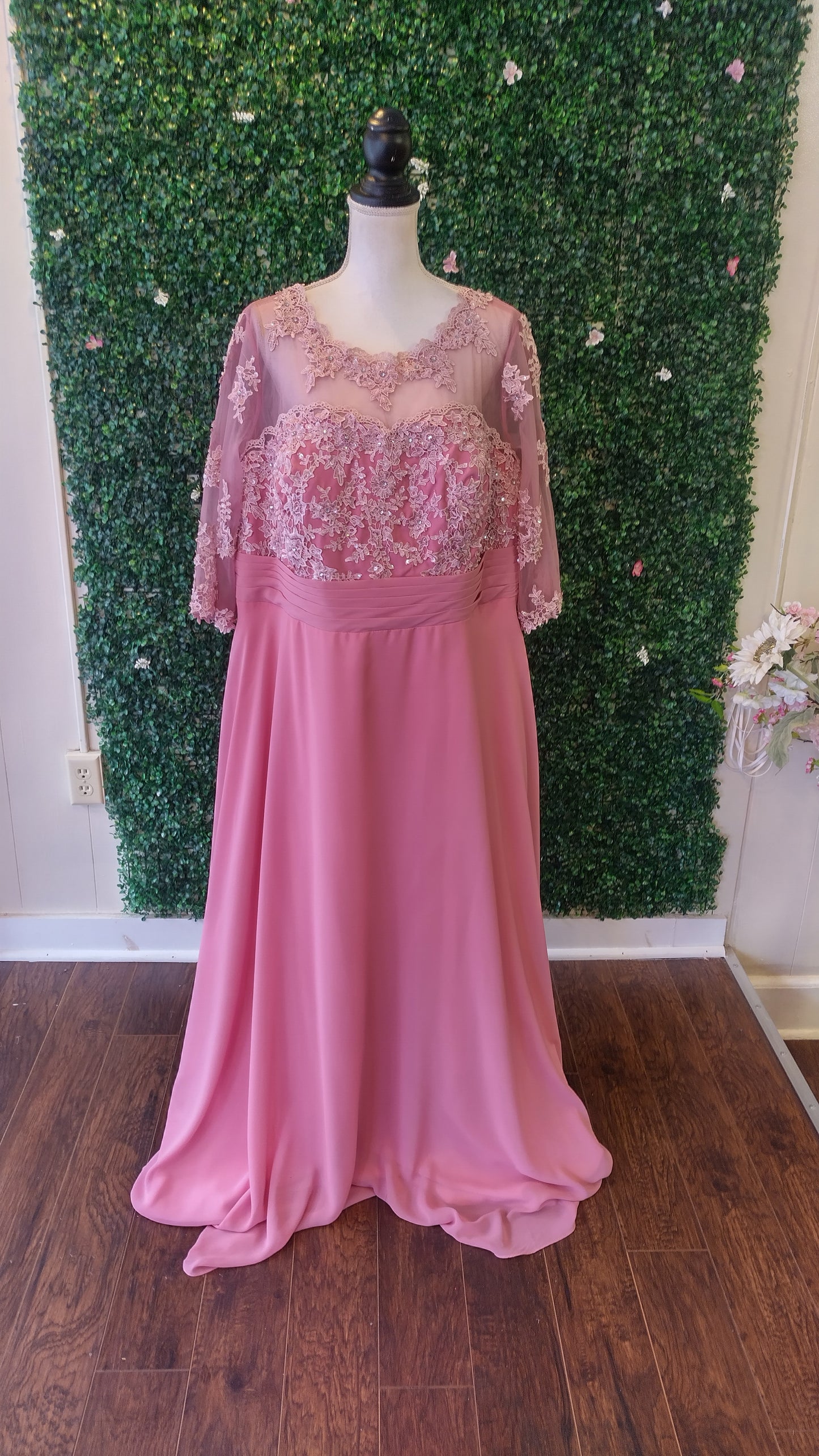 Plus size Blush pink floral lace chiffon formal dress