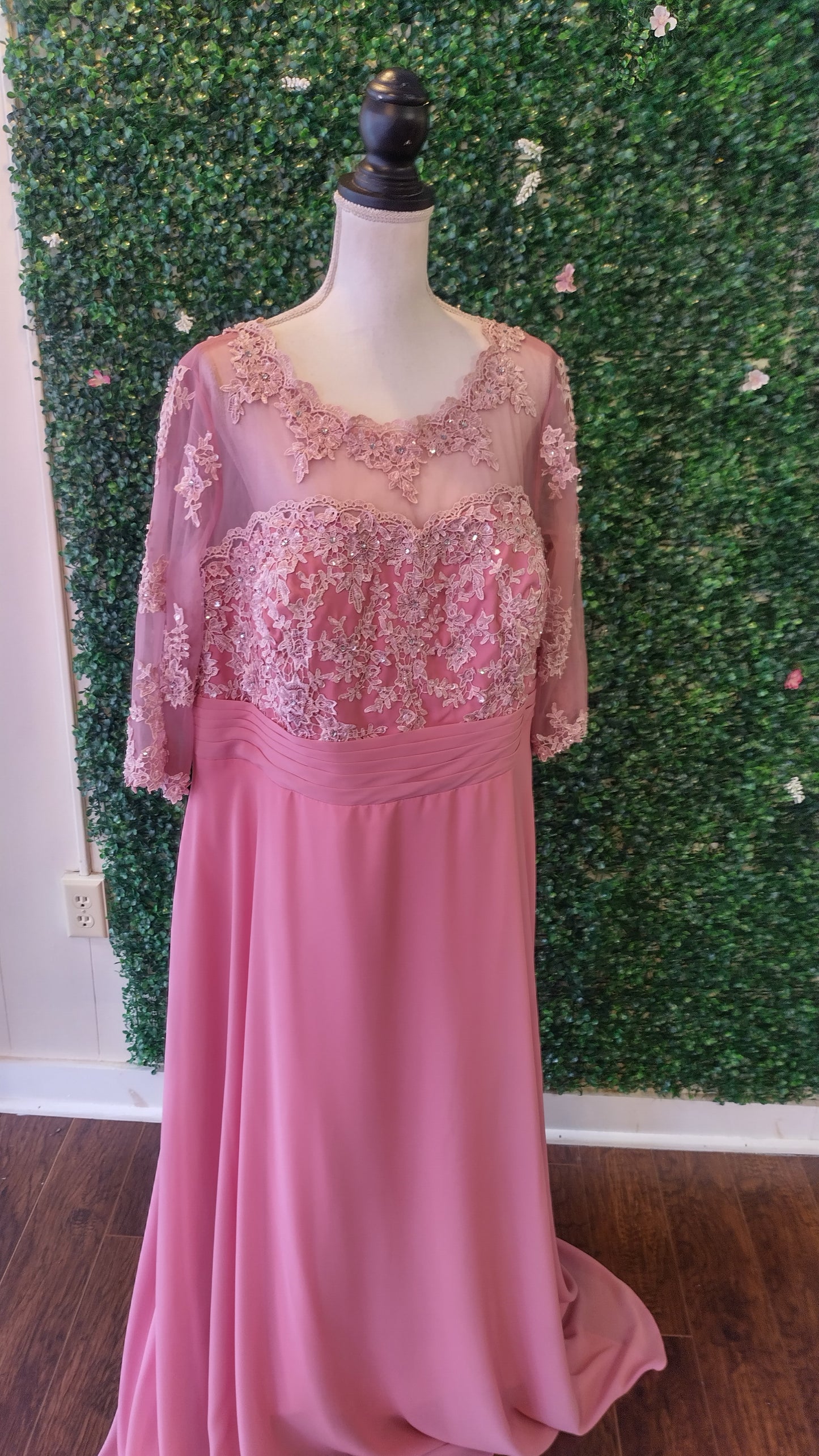 Plus size Blush pink floral lace chiffon formal dress