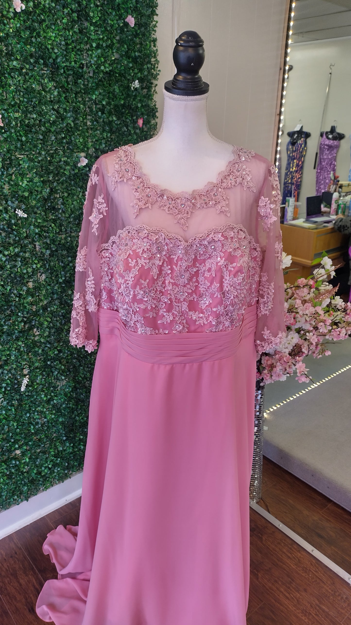 Plus size Blush pink floral lace chiffon formal dress