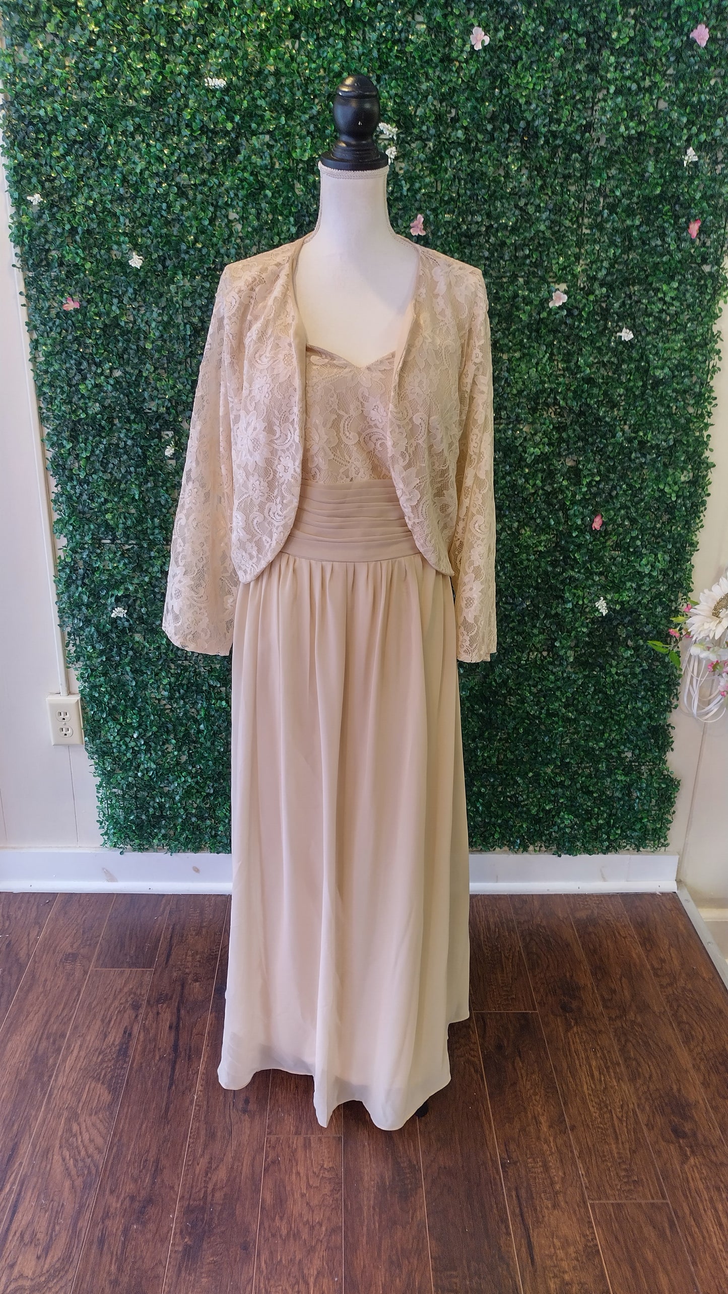 Plus size tea length champagne chiffon dress with jacket