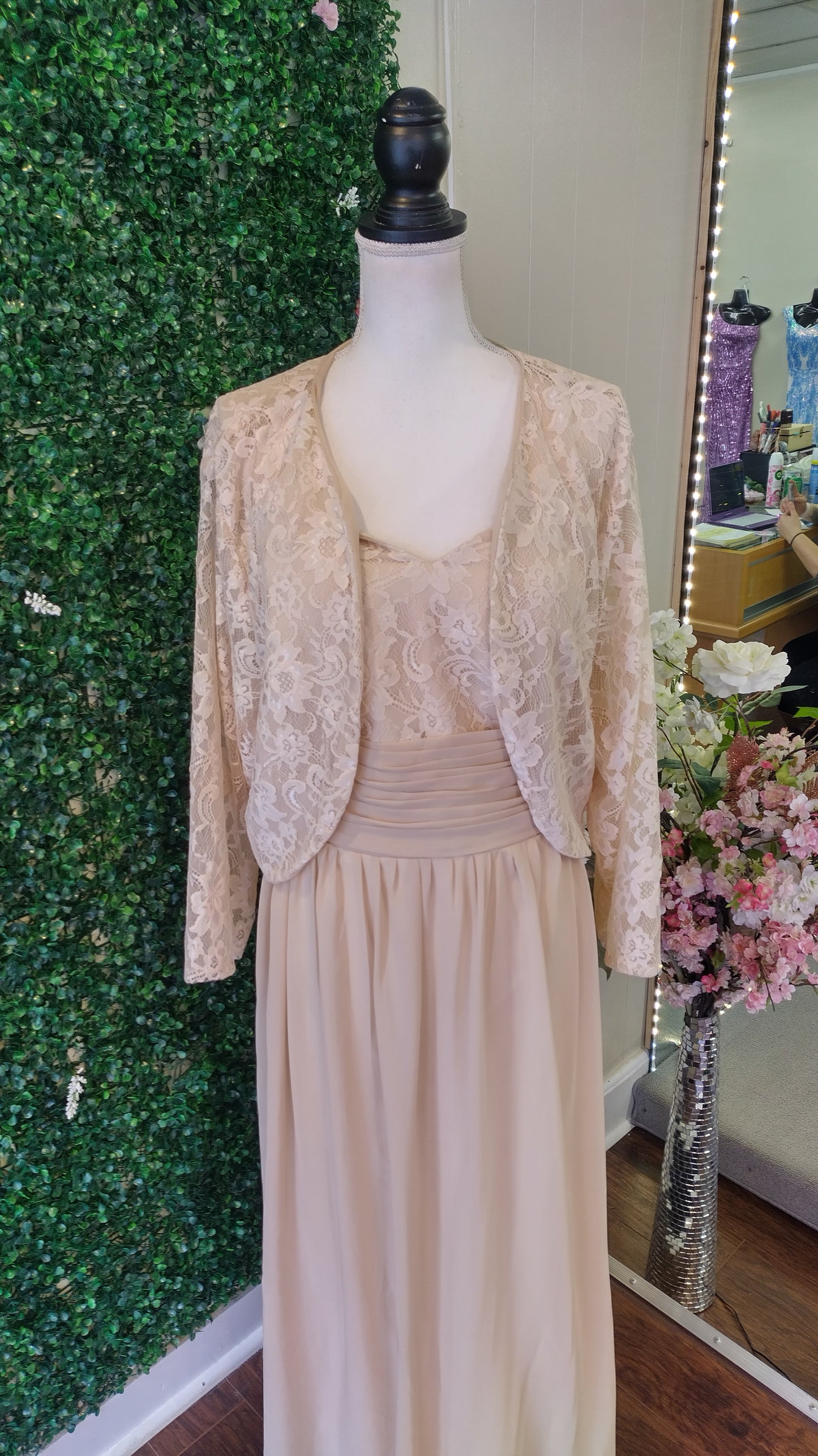 Plus size tea length champagne chiffon dress with jacket