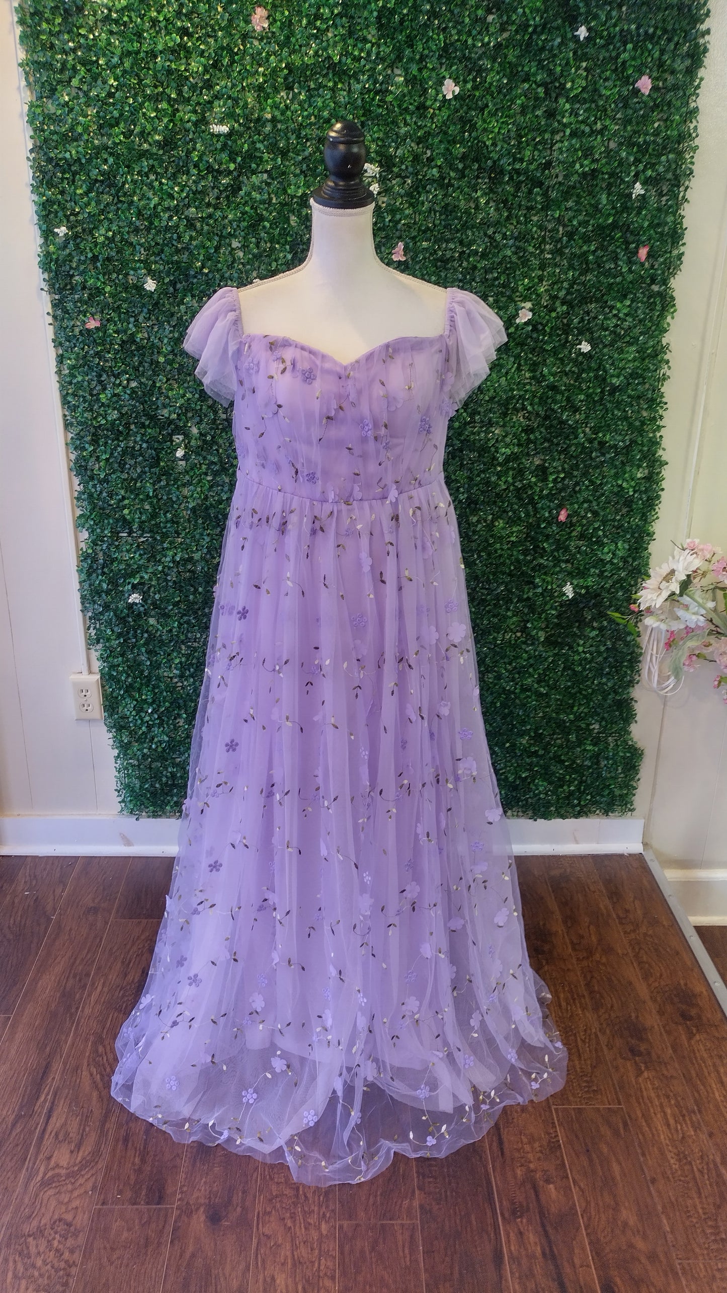 Lavender off shoulder floral ball gown dress