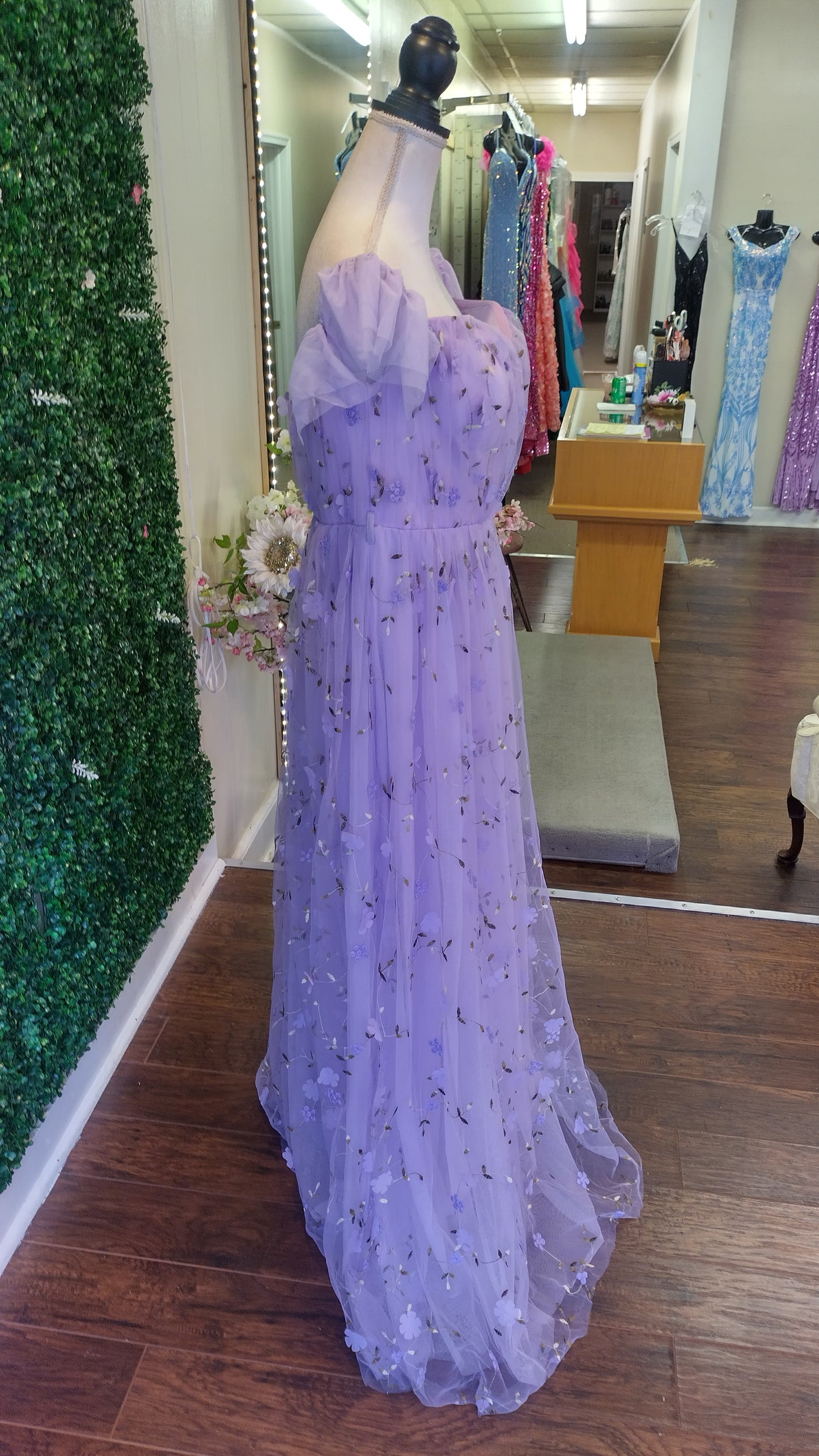 Lavender off shoulder floral ball gown dress