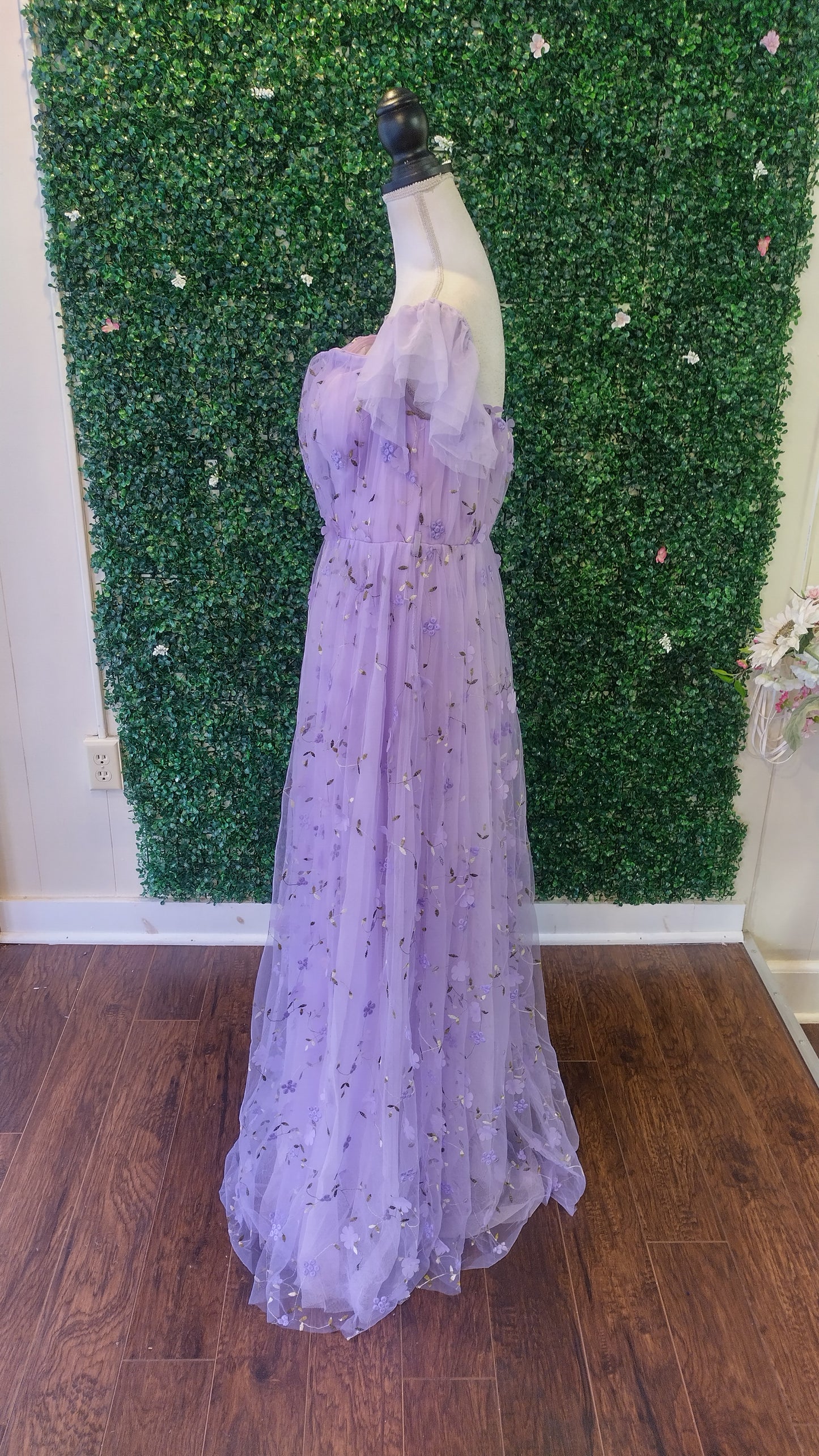 Lavender off shoulder floral ball gown dress