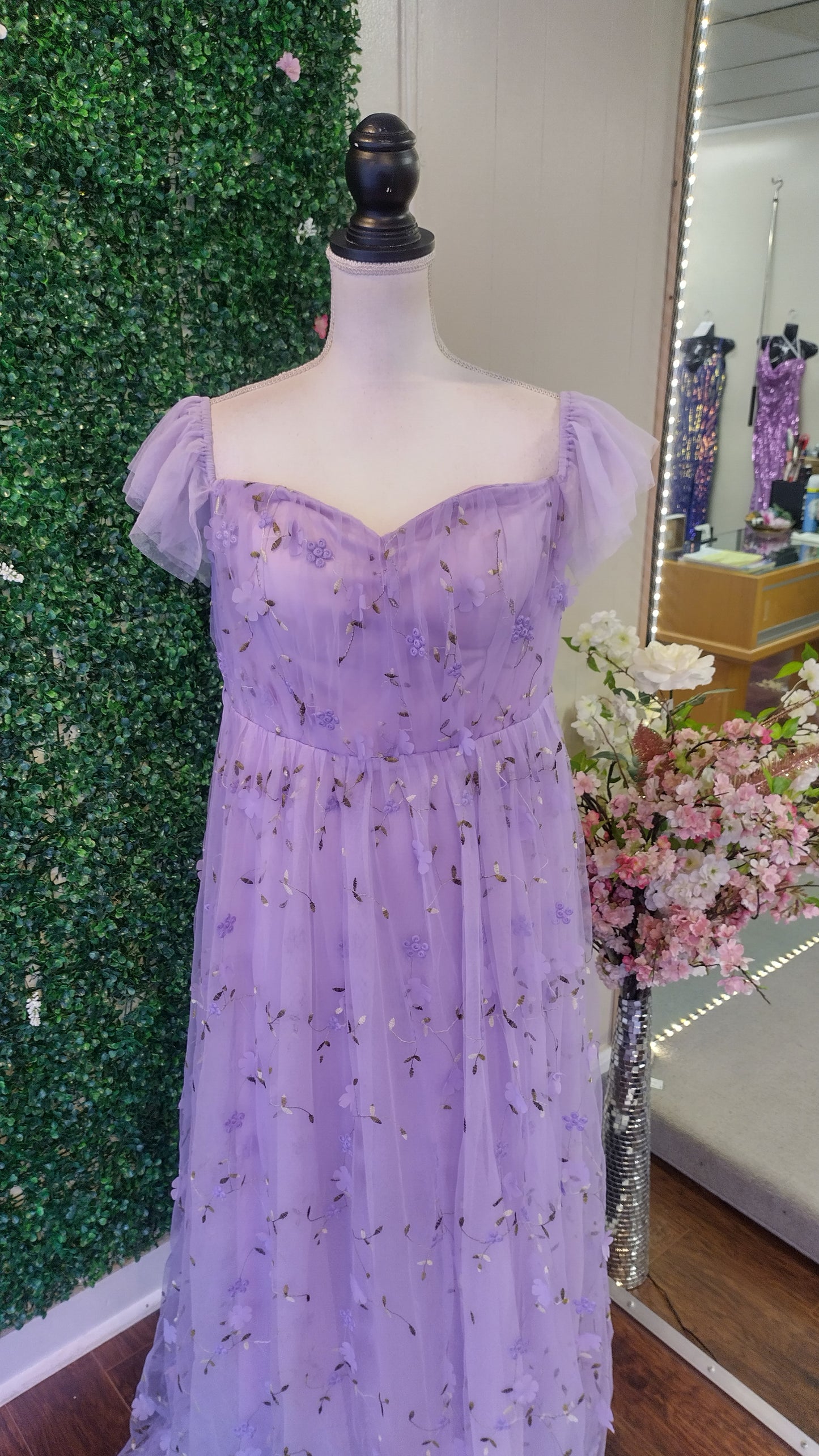 Lavender off shoulder floral ball gown dress