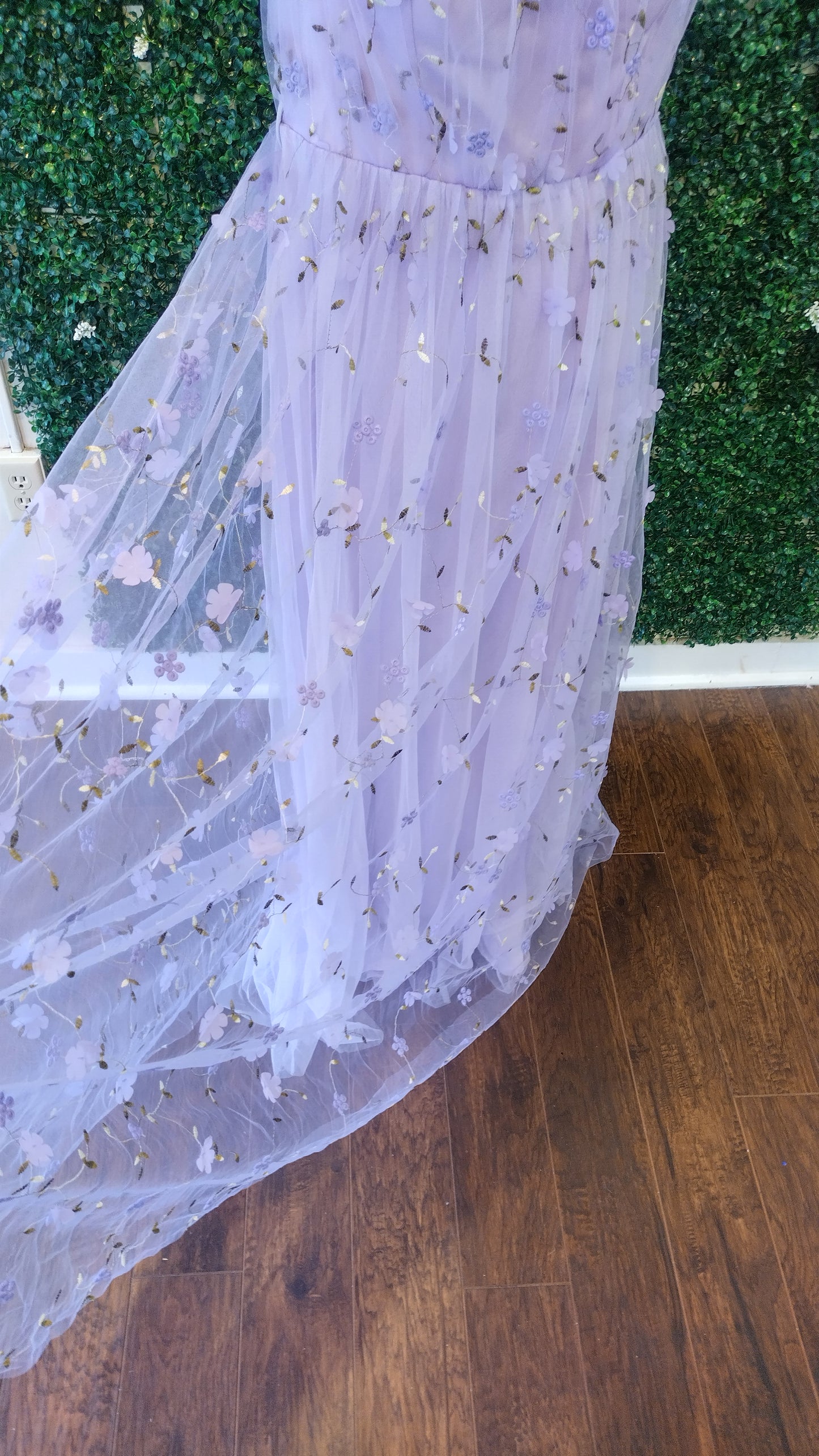 Lavender off shoulder floral ball gown dress