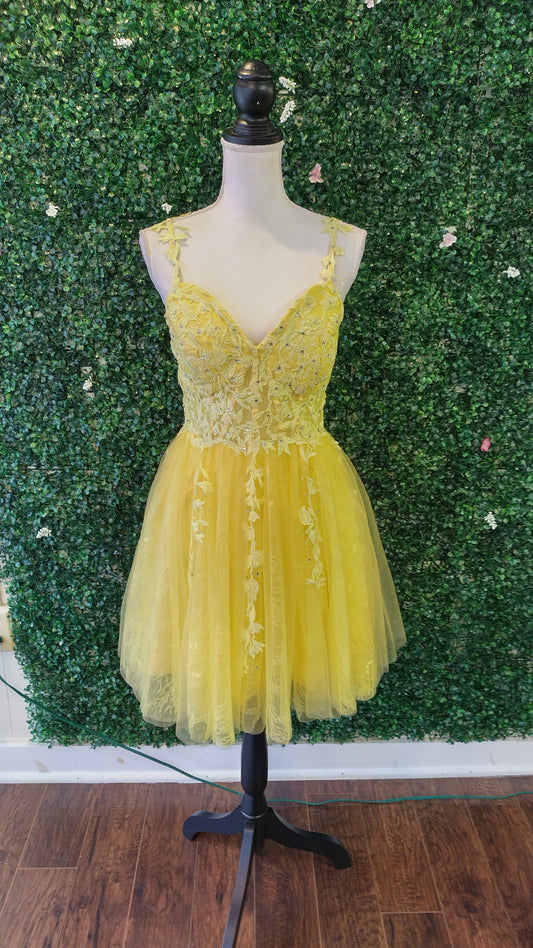 Yellow lace mini ball gown with corset