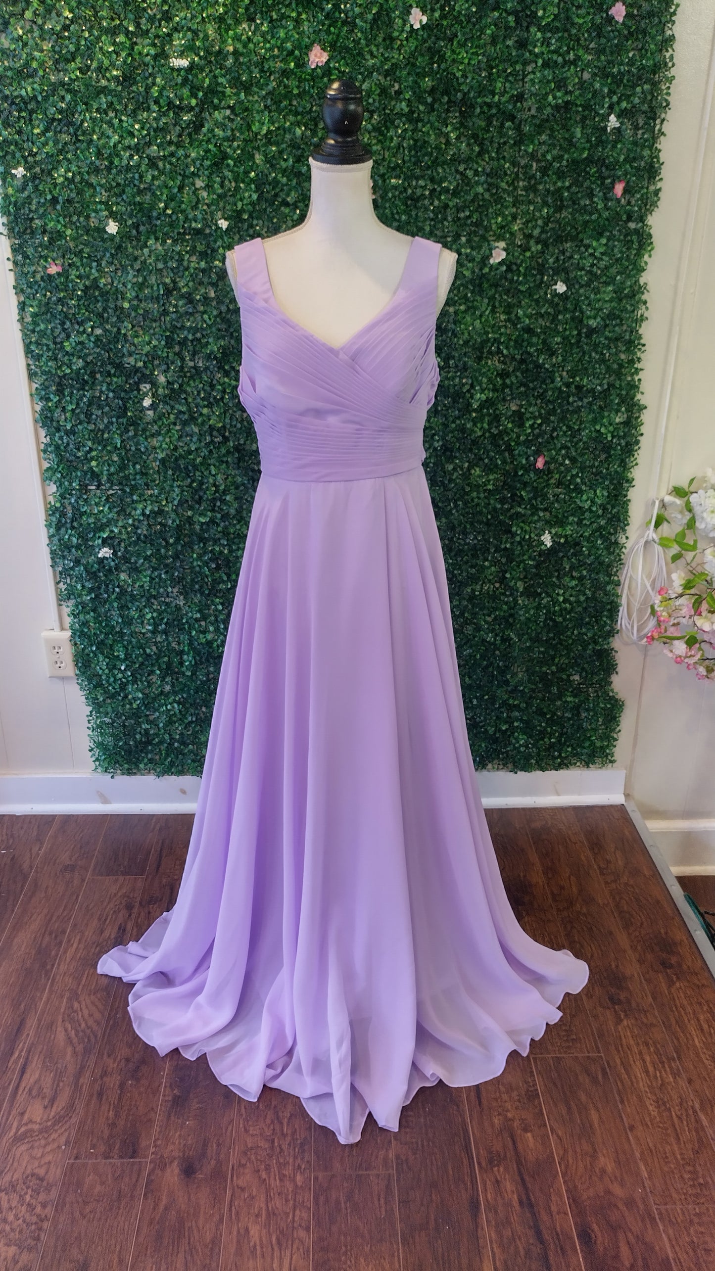 Lavender chiffon v-neck bridesmaids dress