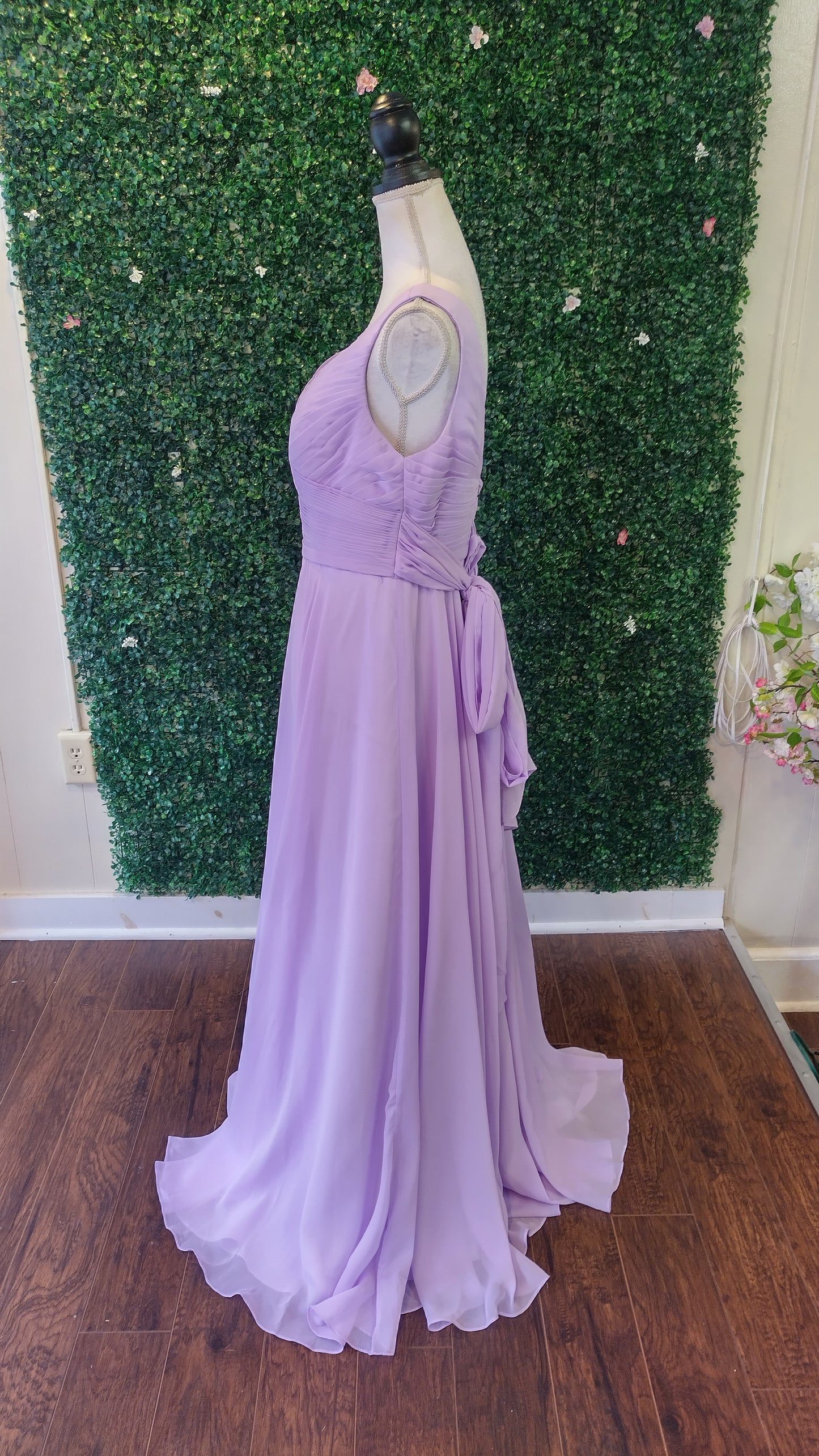 Lavender chiffon v-neck bridesmaids dress