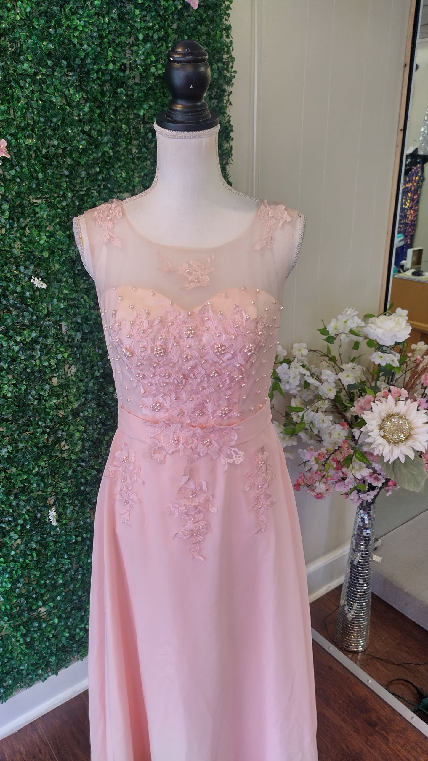 Pink floral chiffon formal dress