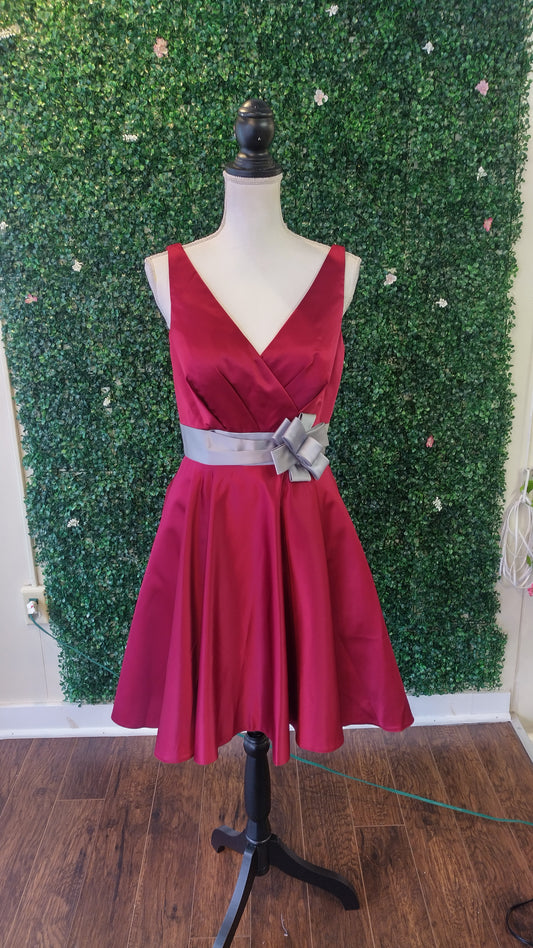 Burgundy Fit and flare with bow tie