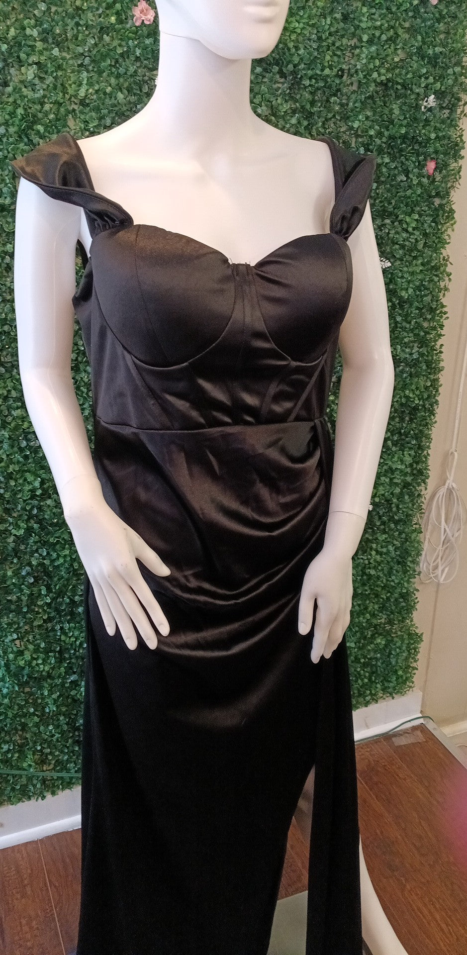 Off shoulder black satin couture