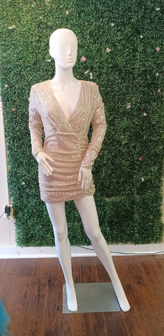 Long Sleeve Sequin Champagne Hoco