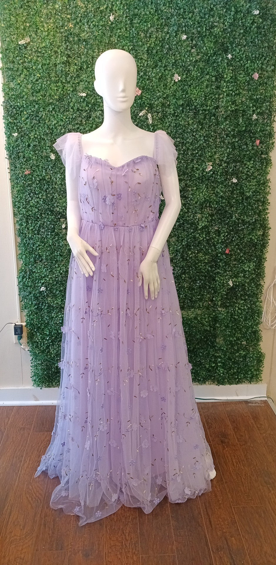 Lavender off shoulder floral ball gown dress