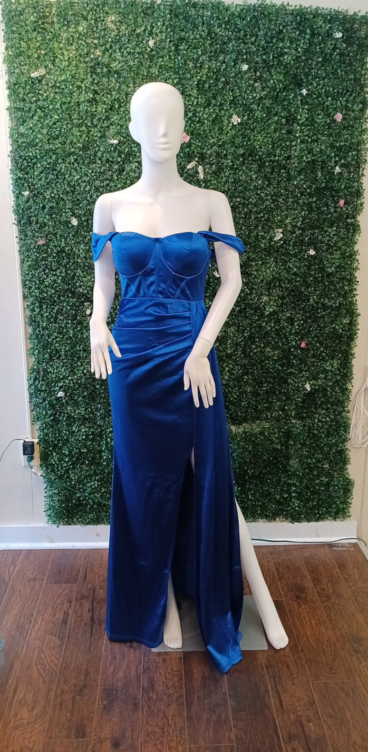 Off shoulder royal blue satin couture