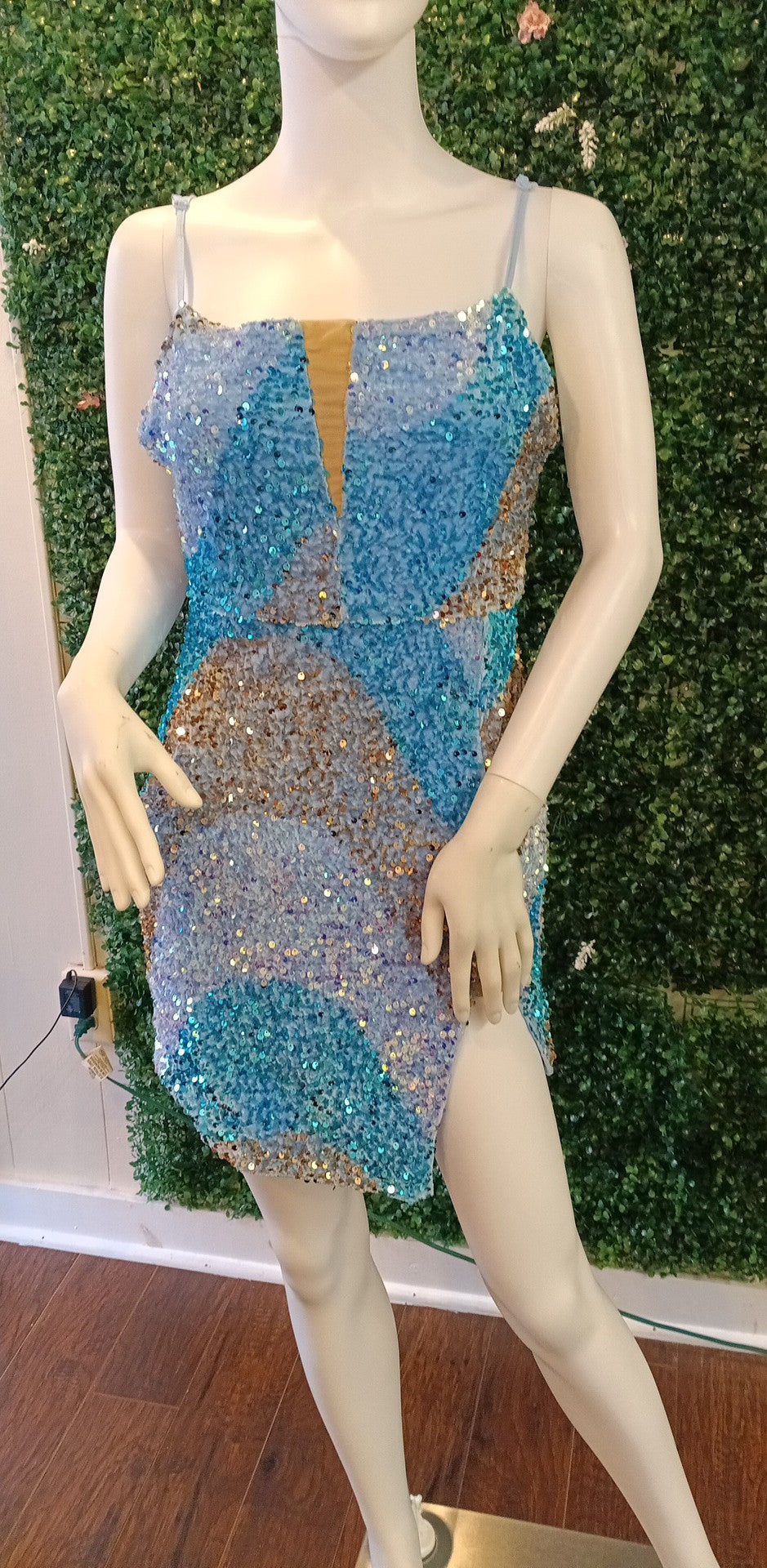 Multi Blue sequin spaghetti strap hoco