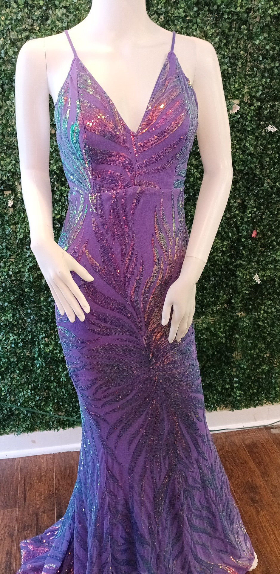 Purple sequin couture prom dress