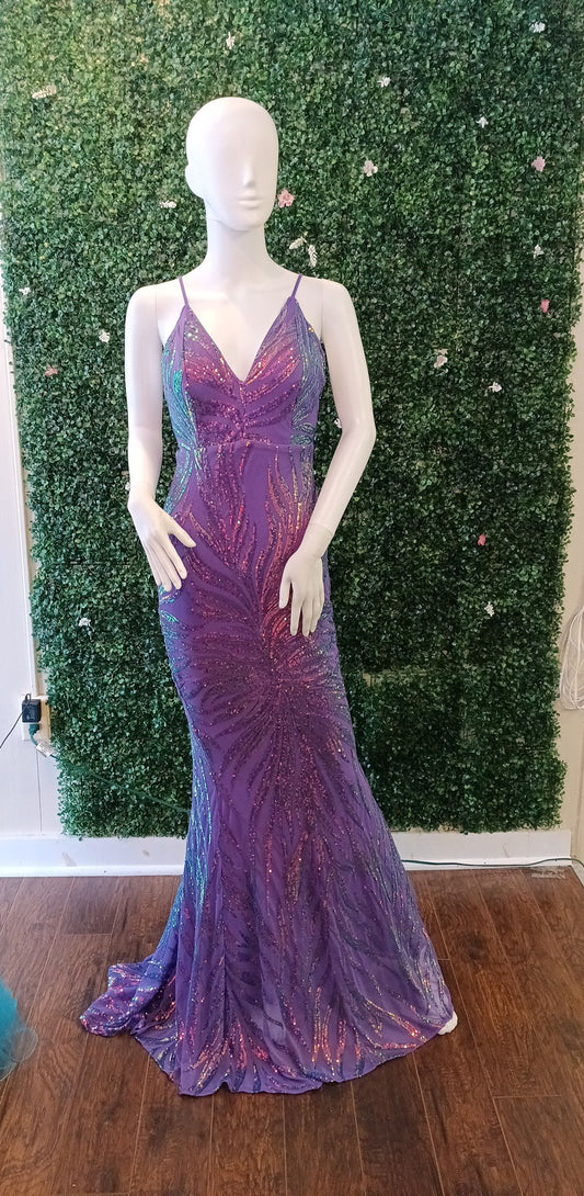 Purple sequin couture prom dress