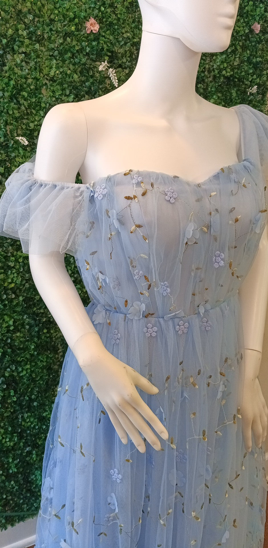 Baby blue off shoulder floral ball gown dress