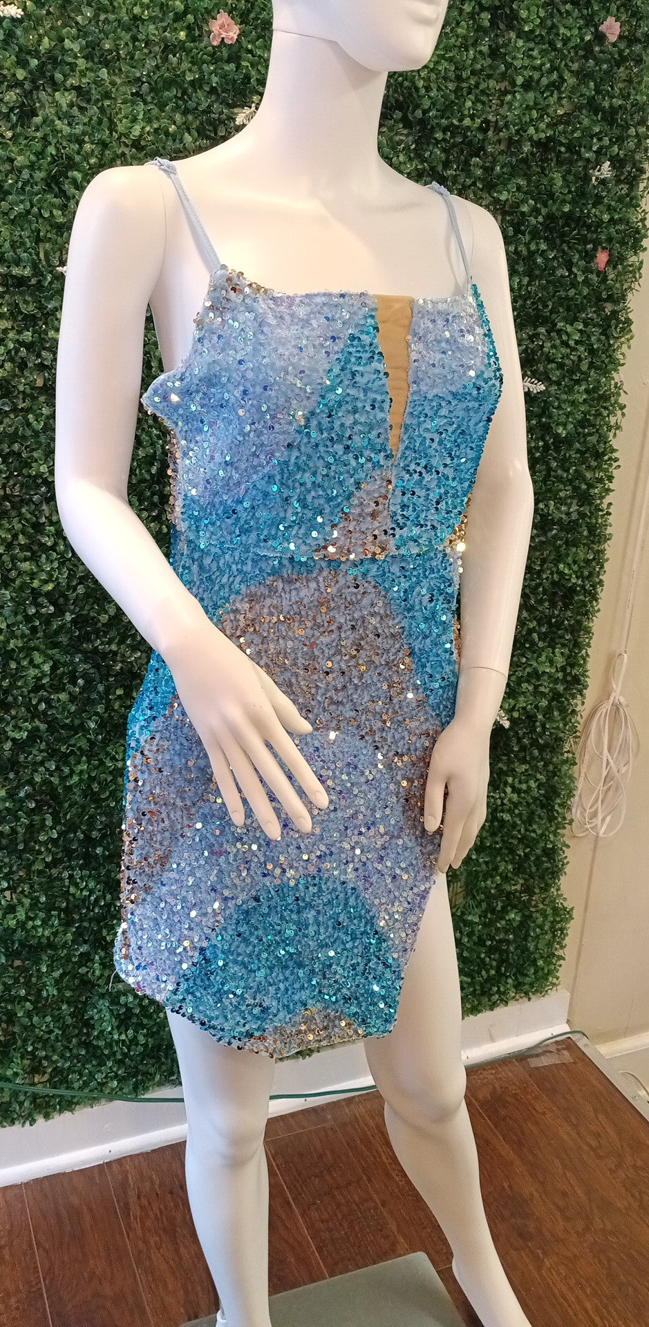 Multi Blue sequin spaghetti strap hoco