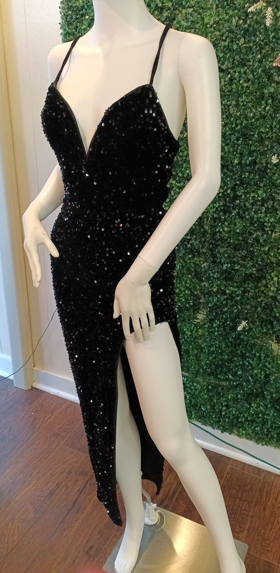 Black sequin couture prom dress