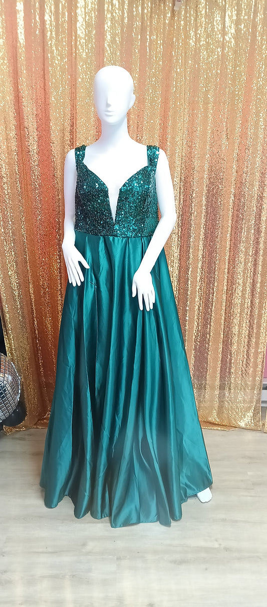 Plus size emerald green off shoulder satin ball gown