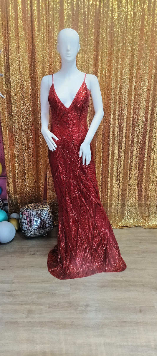 Red sequin couture prom dress